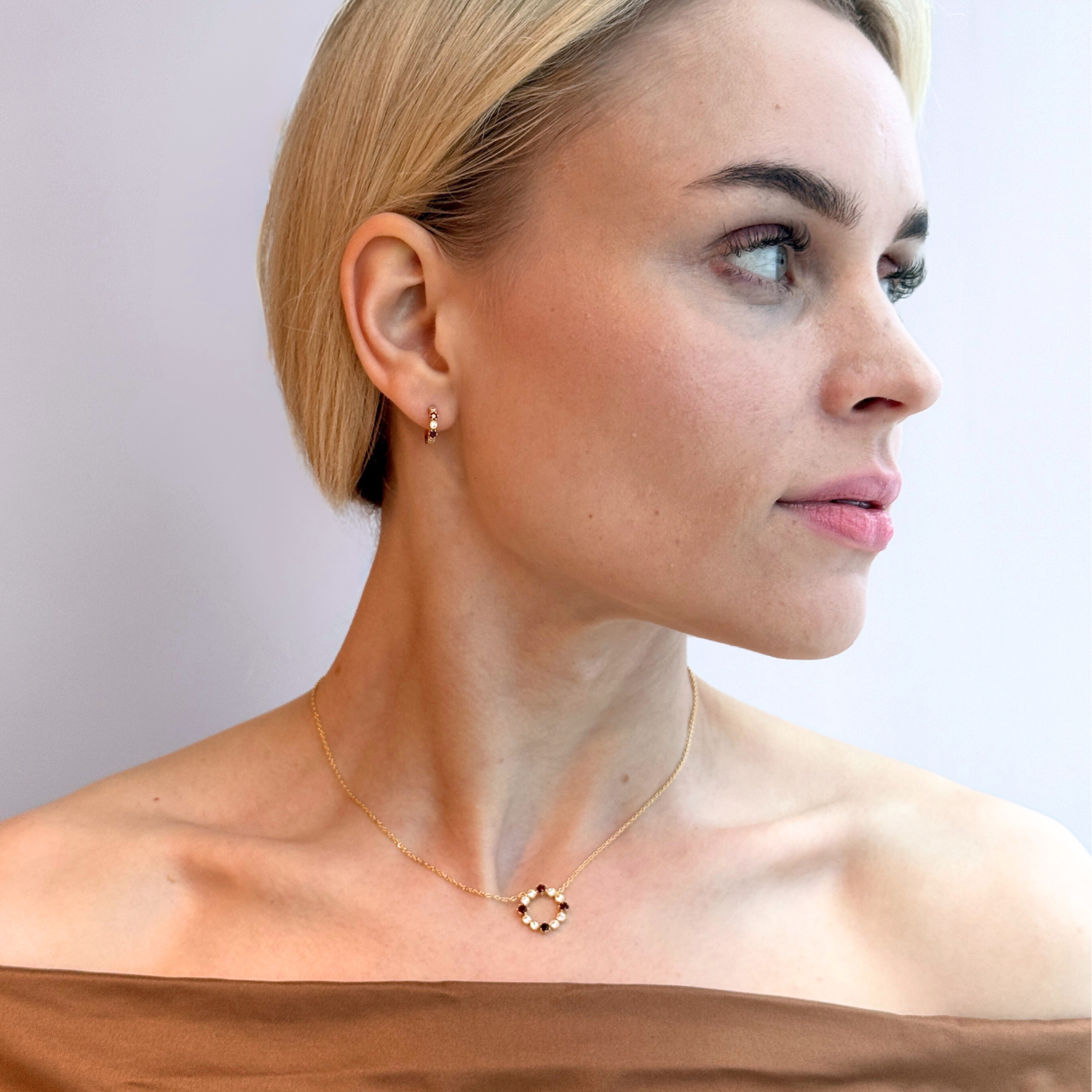 Victoria Round Garnet Mini Hoops