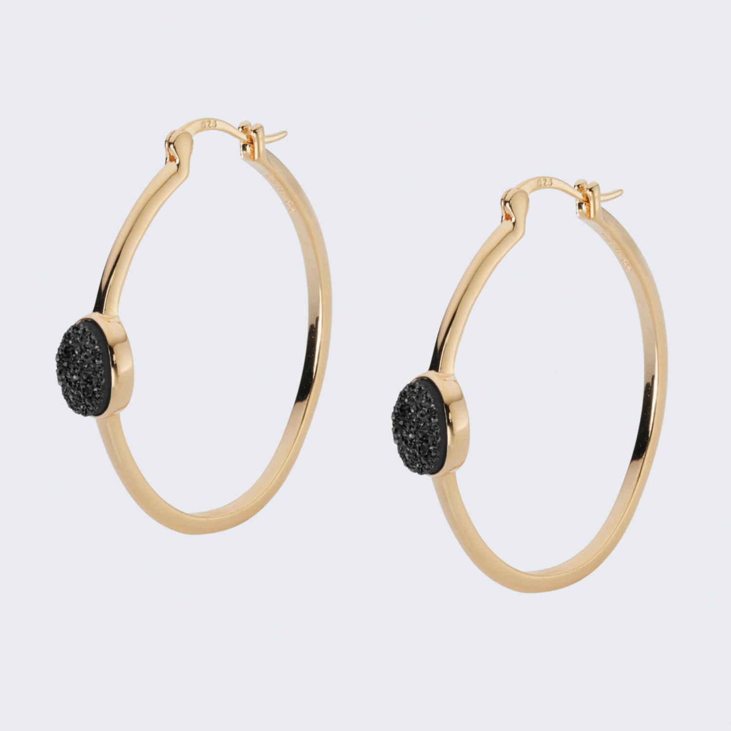 18k gold plated sterling silver Black Druzy hoop earrings