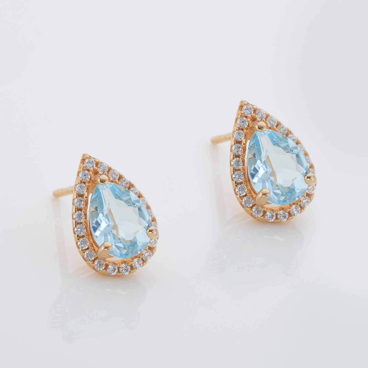 18k gold plated 925 sterling silver pear drop blue topaz stud earrings