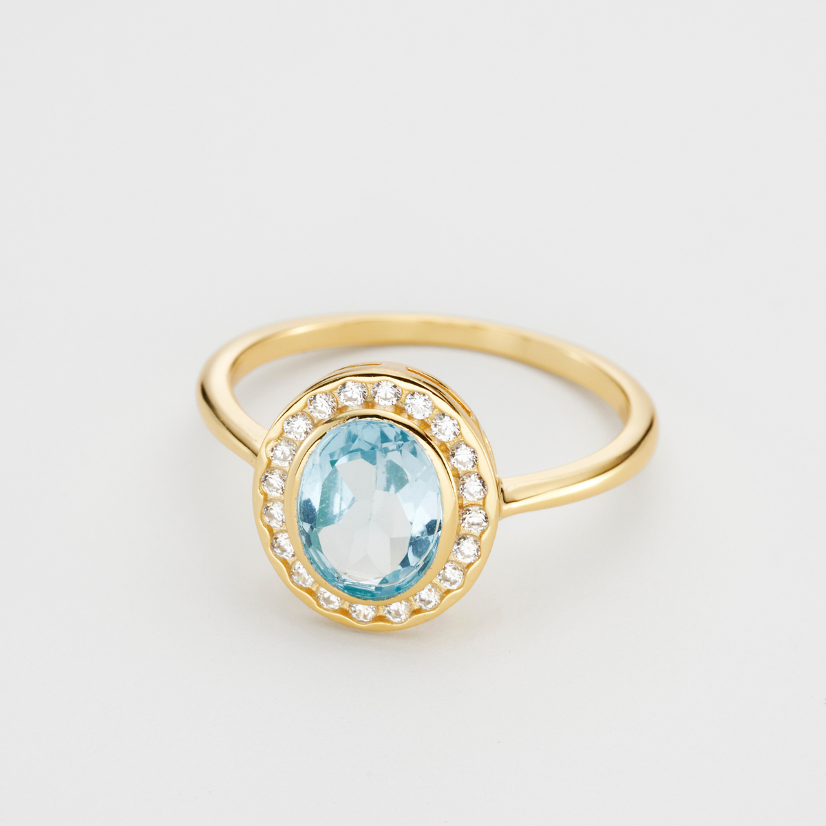 18k gold plated sterling silver blue topaz ring cubic zirconia halo