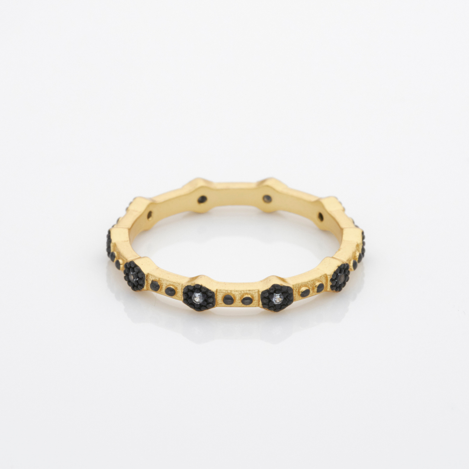 18k gold plated 925 sterling silver cubic zirconia dark rhodium detailing stacking ring. Design inspired by Greek goddess Hera