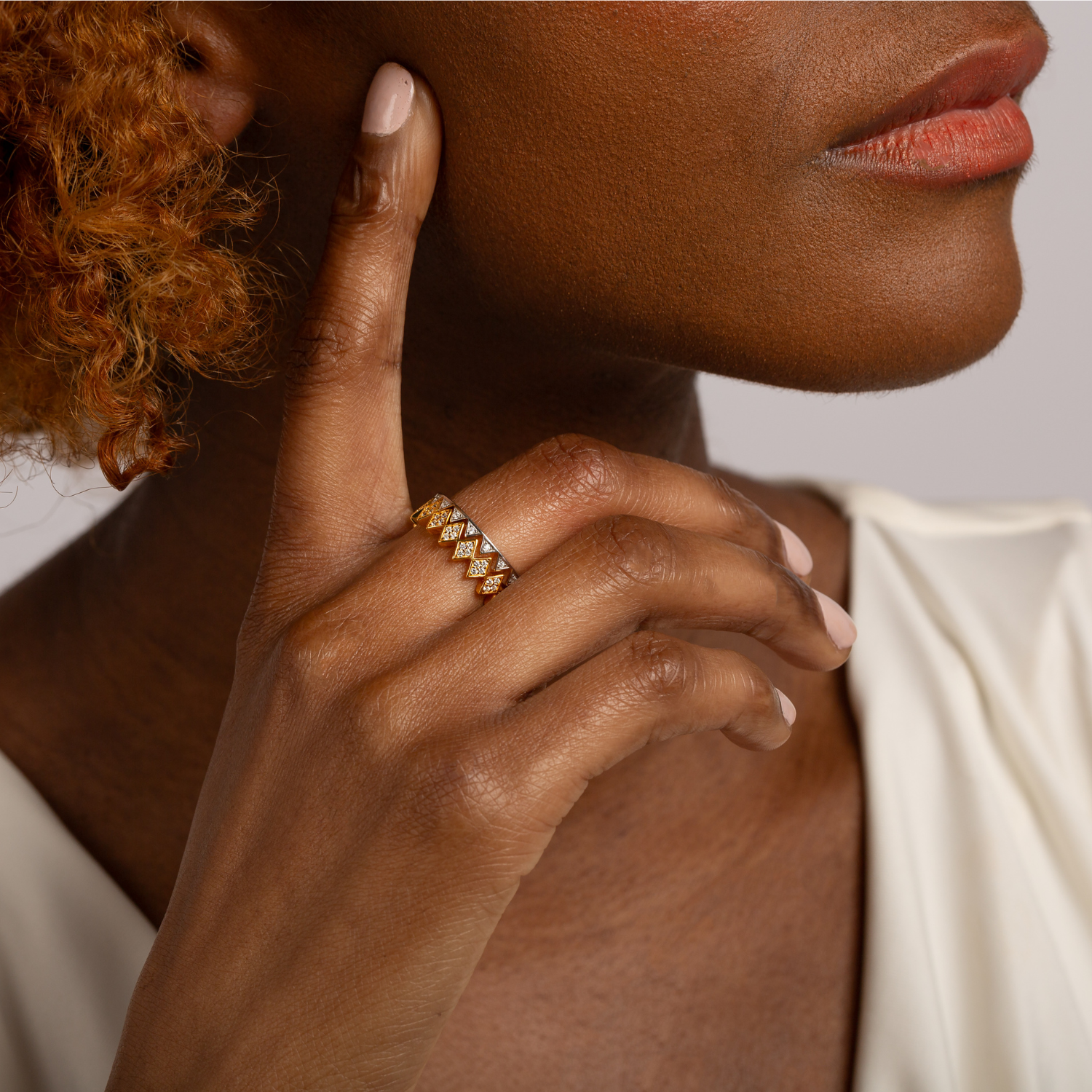 Model wearing 18k Gold 925 sterling silver Cubic Zirconia Stacking Ring