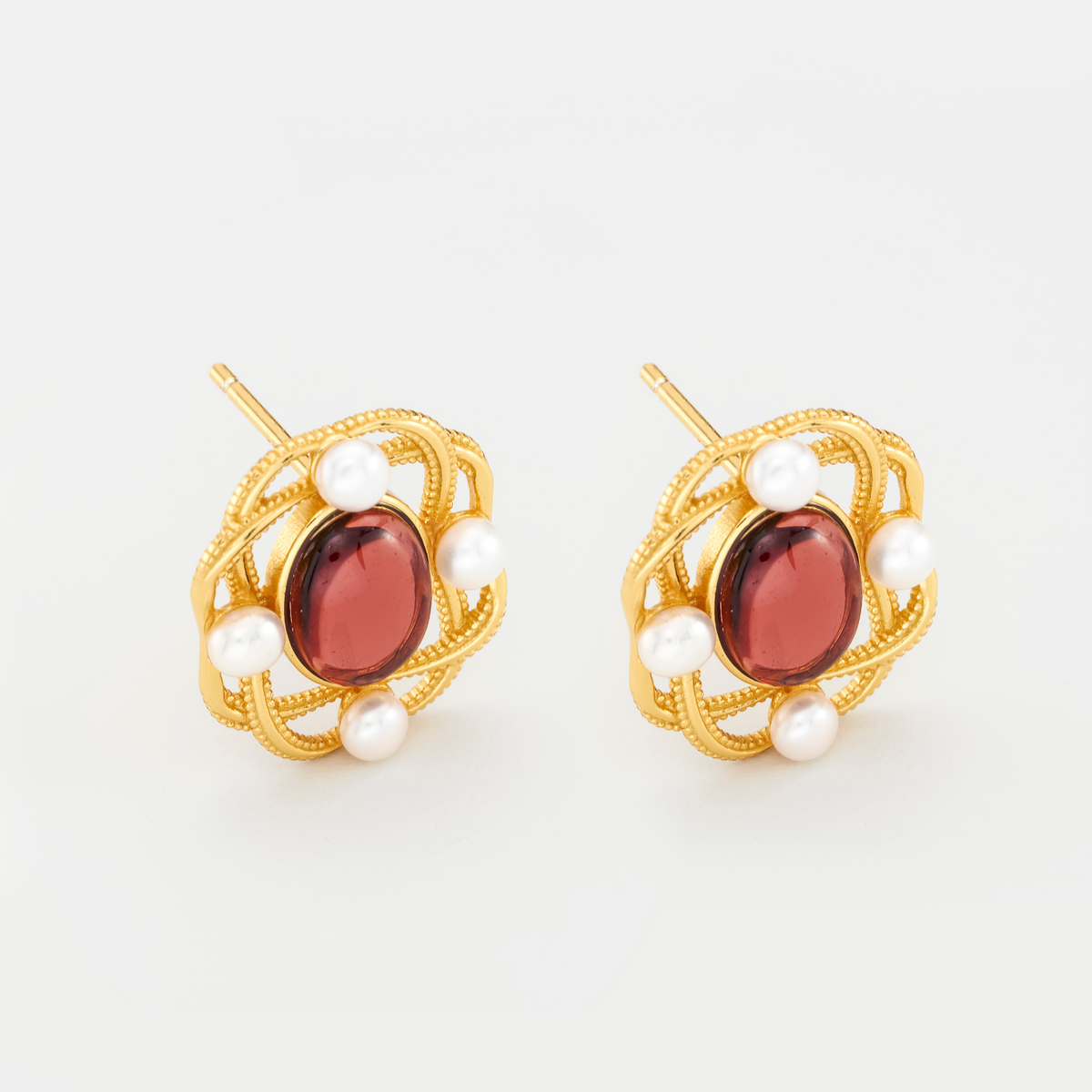 18k gold plating sterling silver garnet pearl oval earrings