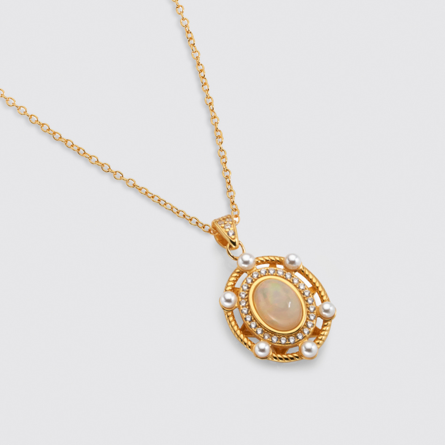 18k gold plating 925 sterling silver necklace with a pendant featuring an oval Opal surrounded by freshwater Pearls. Design inspired by Greek Goddess Hera