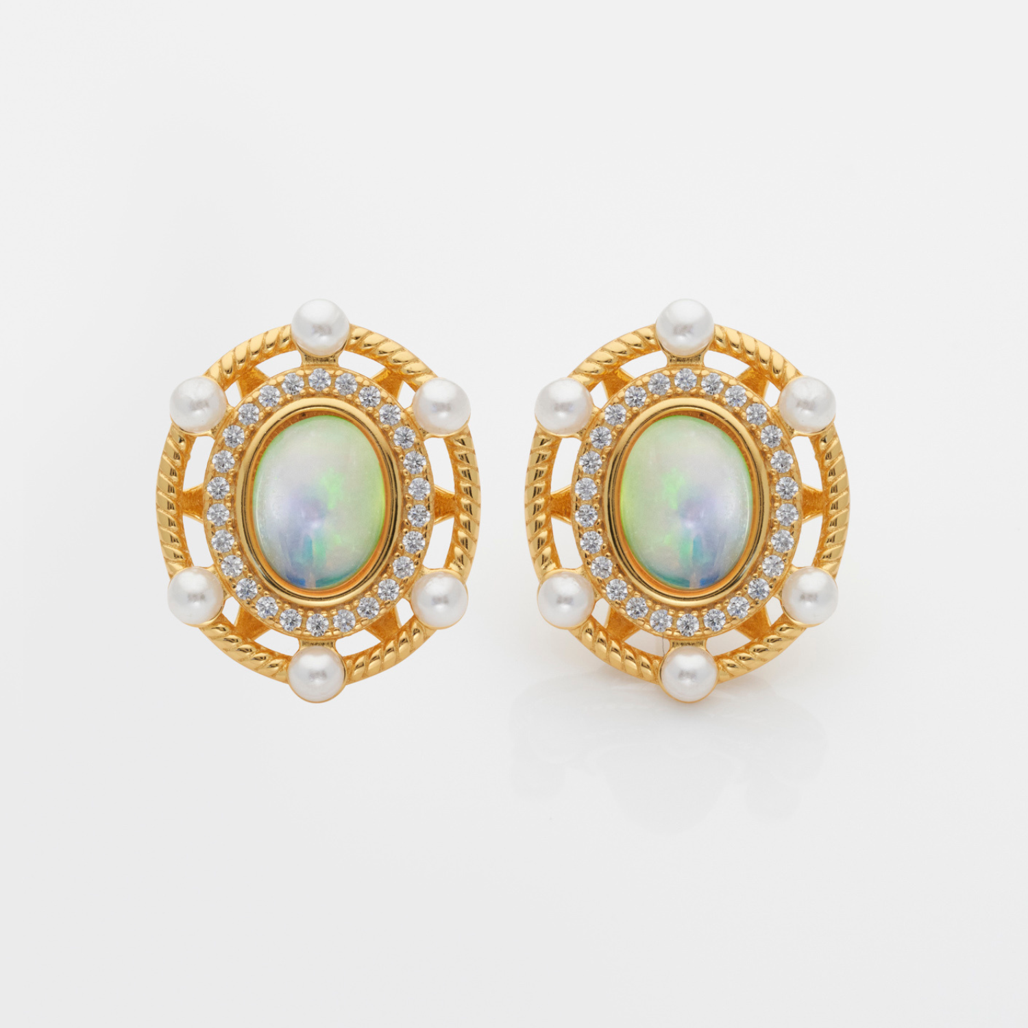 18k gold plated 925 sterling silver opal stud earrings surrounded by freshwater pearls and cubic zirconia symbolising luck