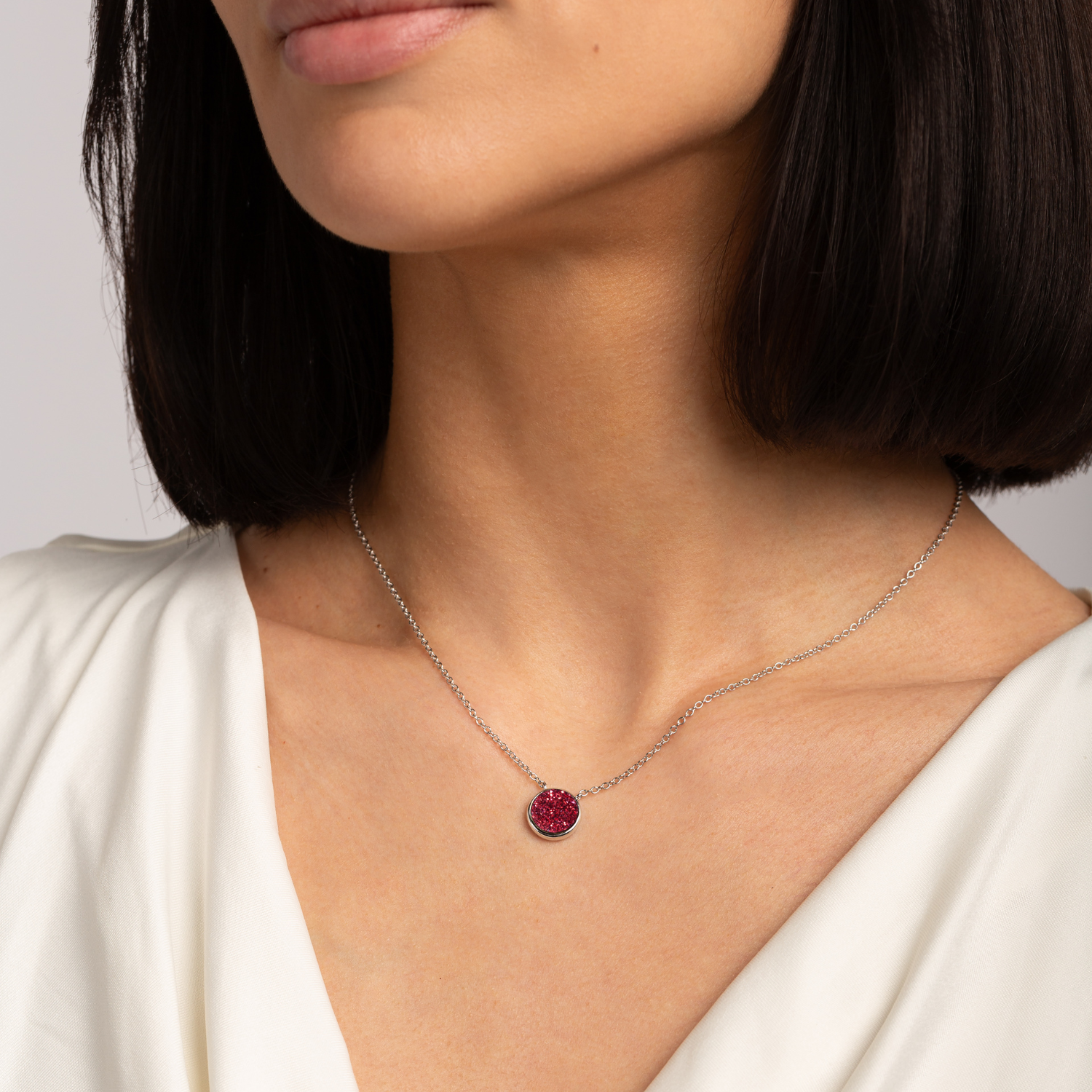 rhodium plated sterling silver Red Druzy necklace