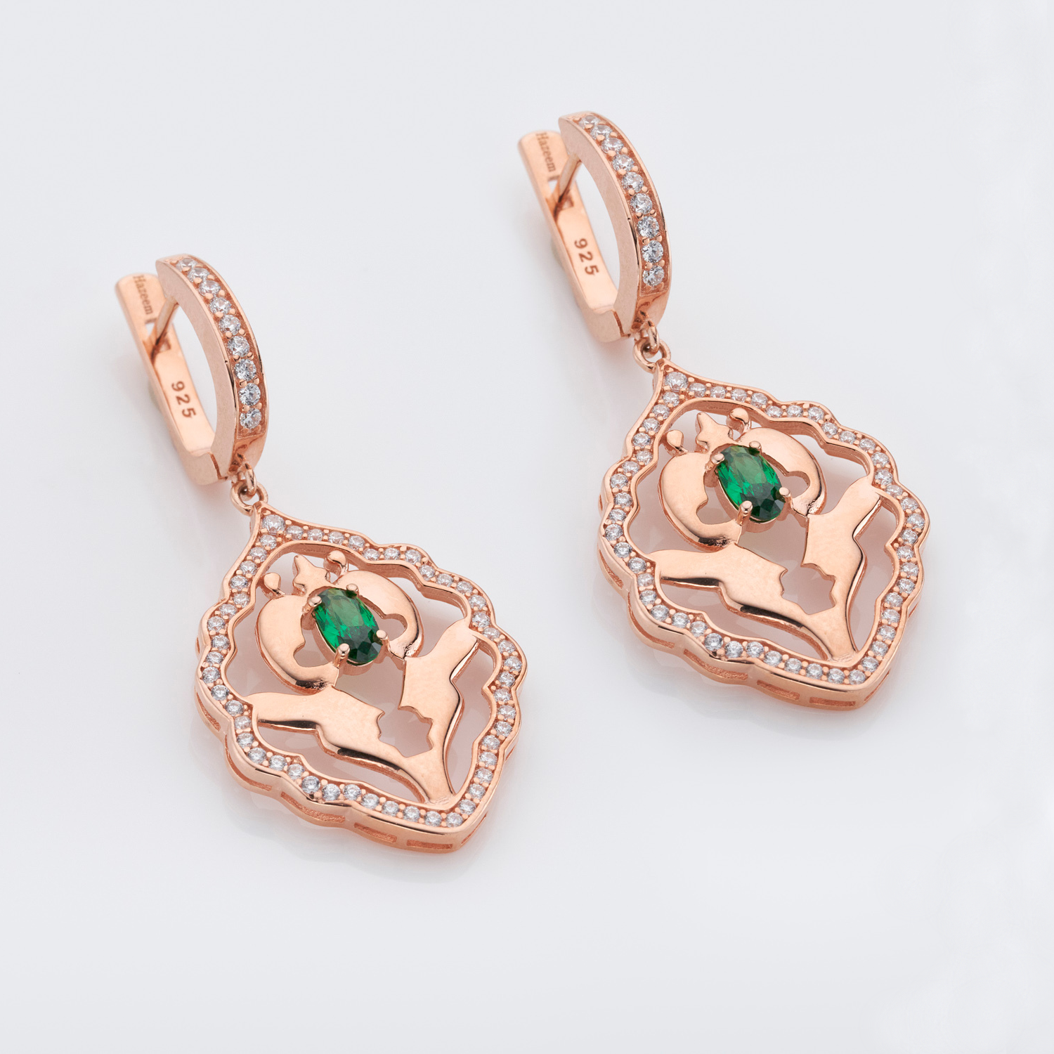 18k rose gold plated 925 sterling silver peridot earrings inspired by Iznik artistry with cubic zirconia accents
