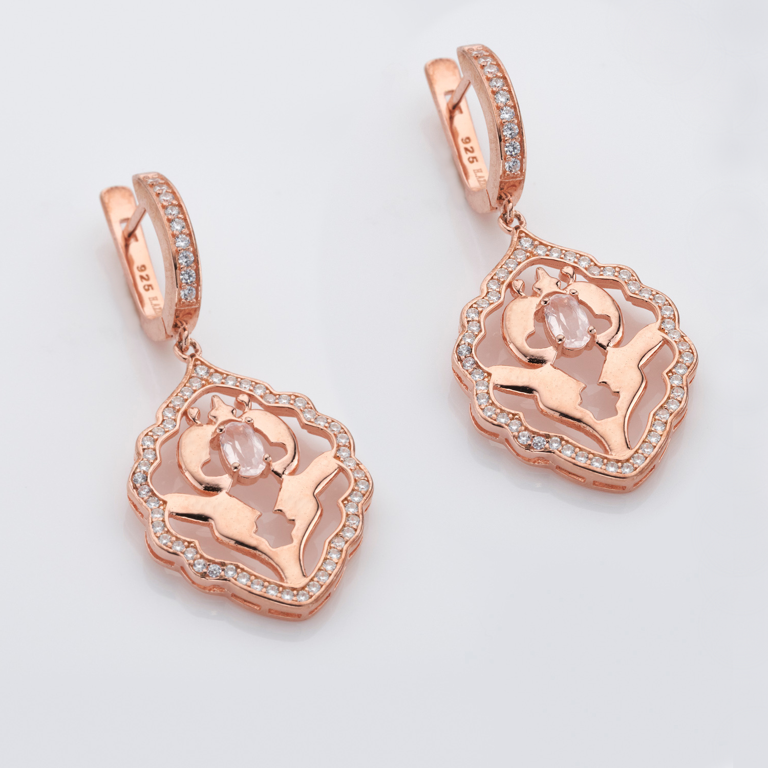 18k rose gold plated 925 sterling silver rose quartz earrings