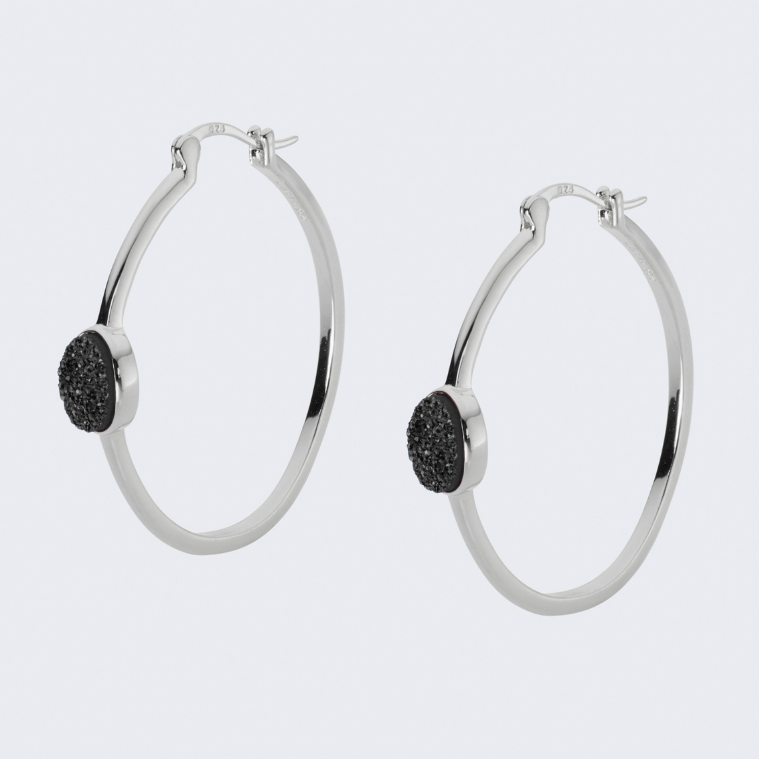 rhodium plated sterling silver Black Druzy hoop earrings