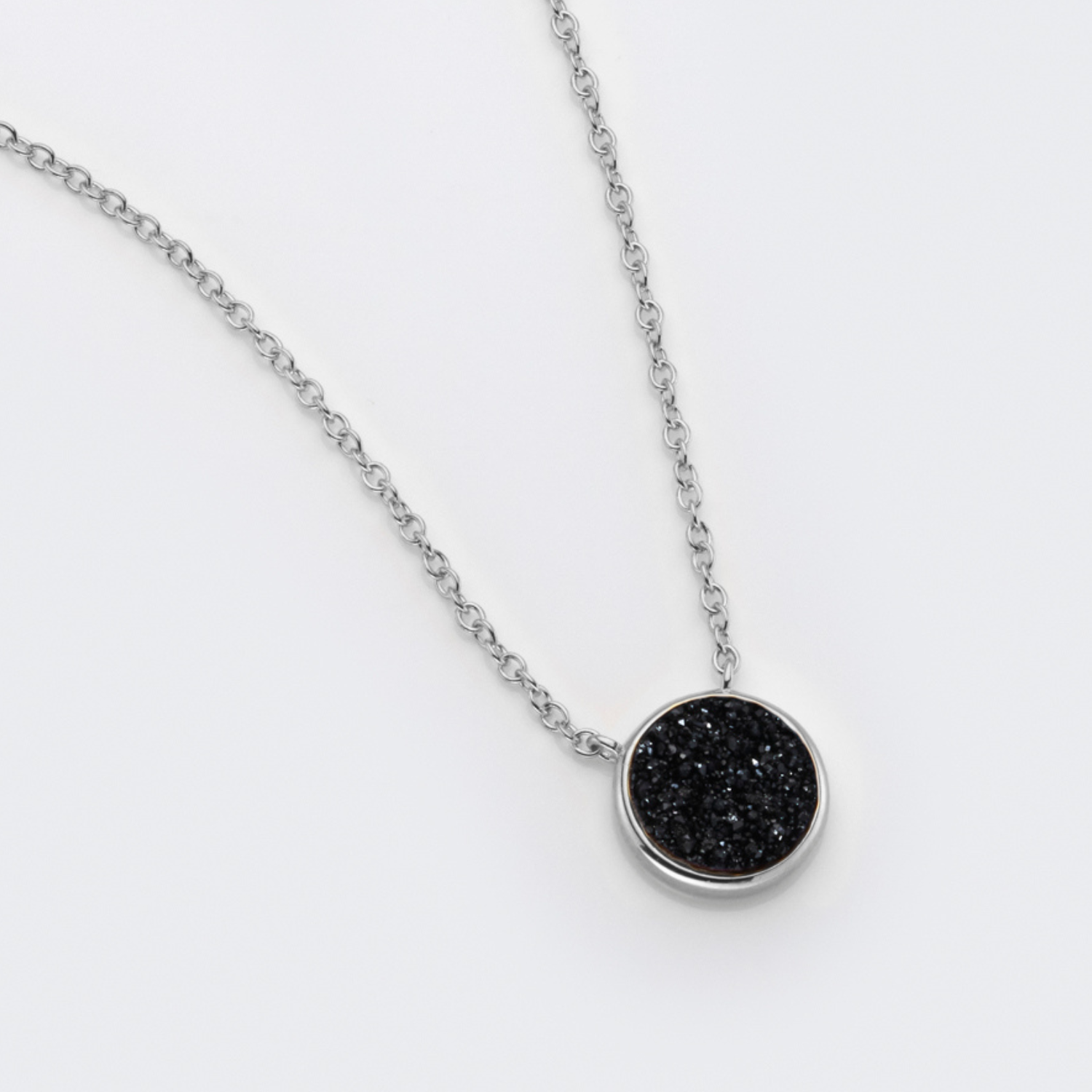 rhodium plated sterling silver Black Druzy necklace