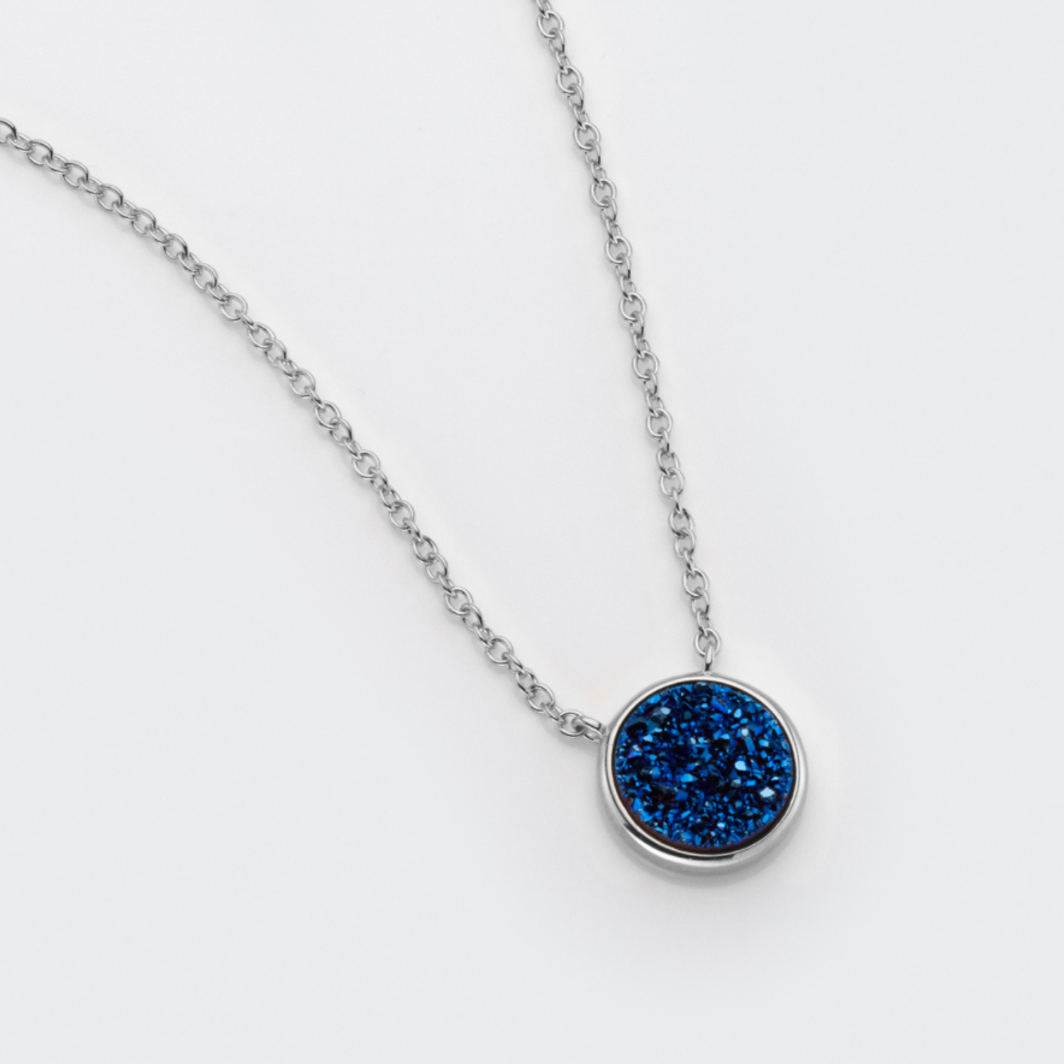 rhodium plated sterling silver Blue Druzy necklace