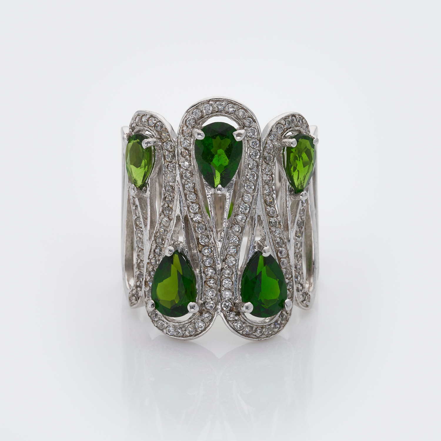 rhodium plated sterling silver Green Diopside ring