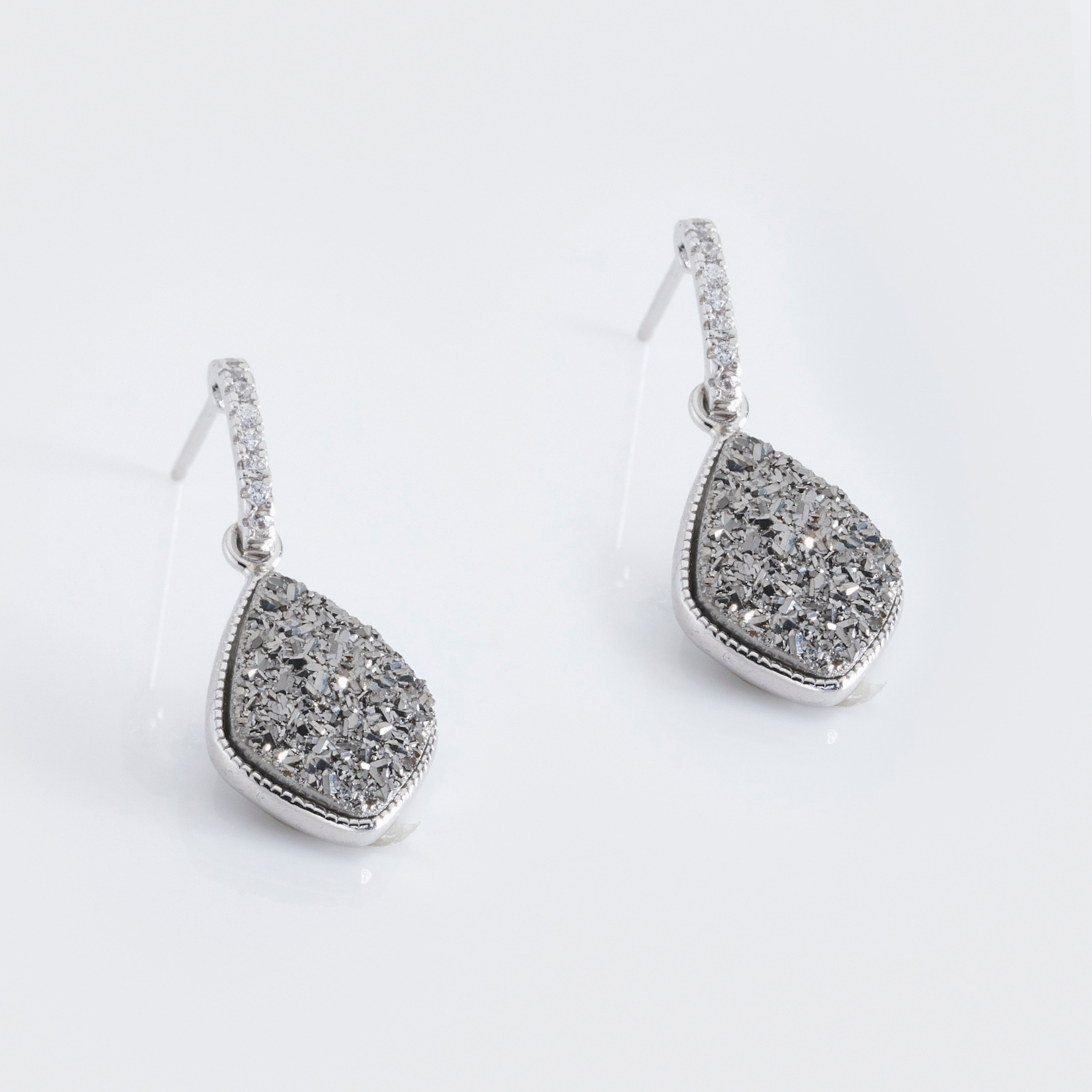rhodium plated sterling silver Silver Druzy drop earrings