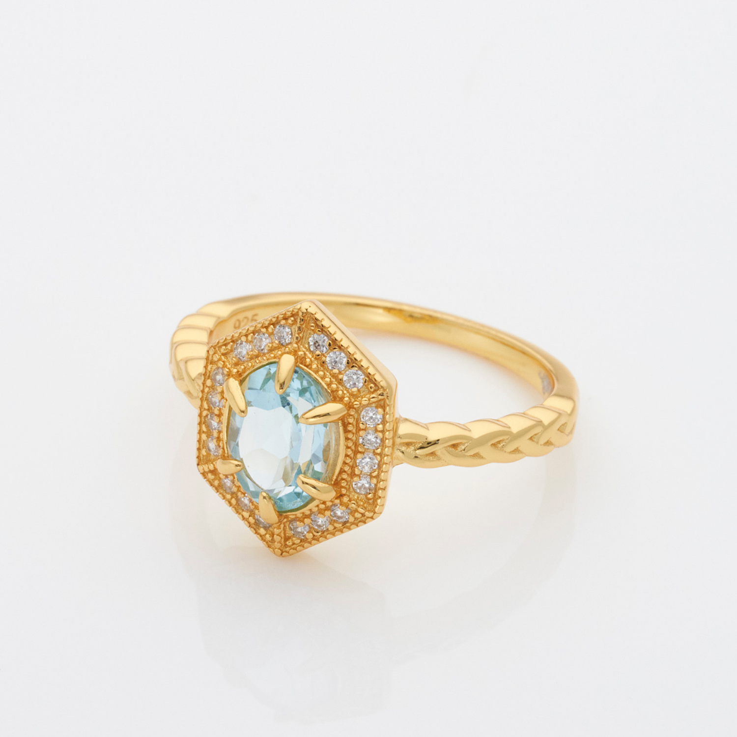 18k gold plated 925 sterling silver blue topaz hexagon ring