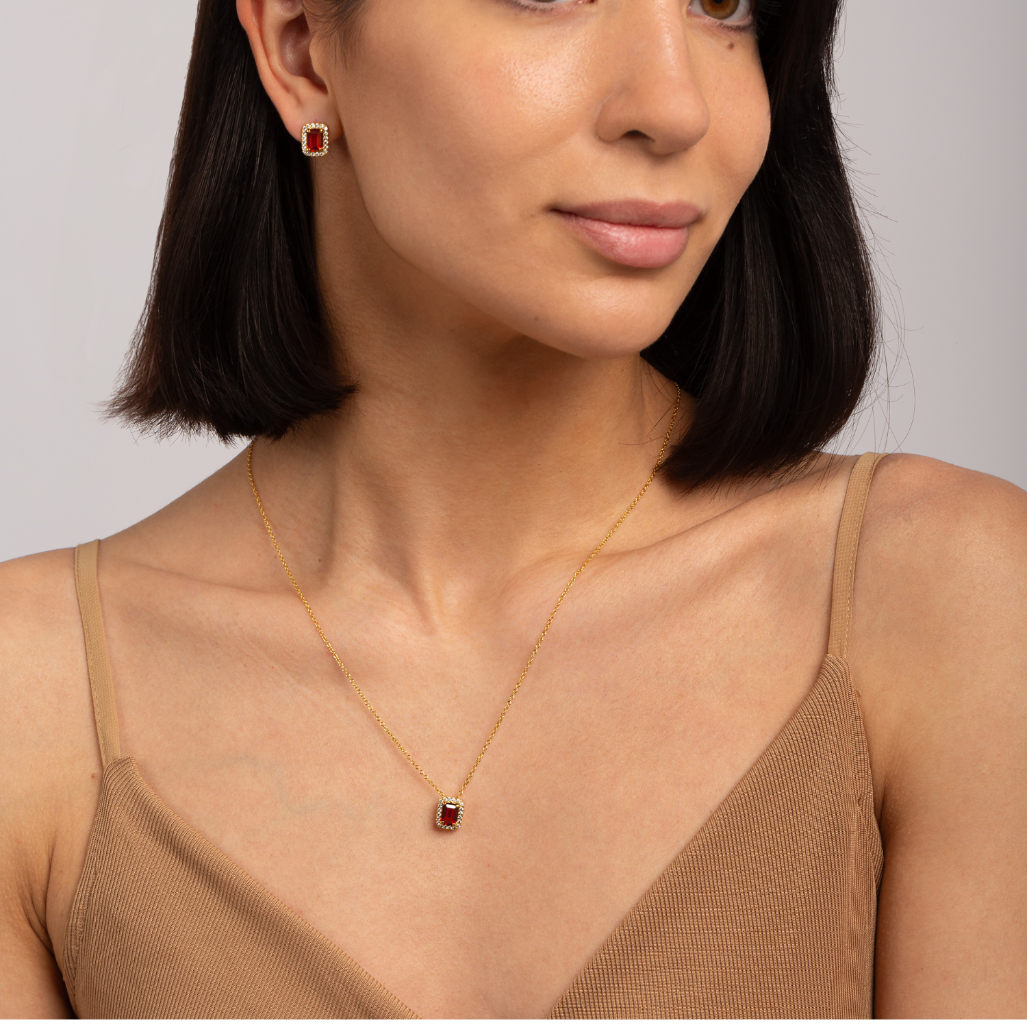 18k gold plating 925 sterling silver garnet rectangle necklace -model