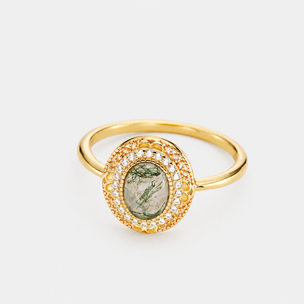 18k gold plated sterling silver moss agate ring