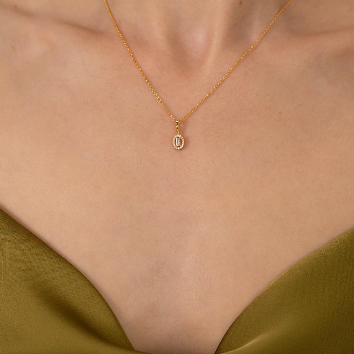 model wearing 18k gold plated sterling silver cubic zirconia necklace