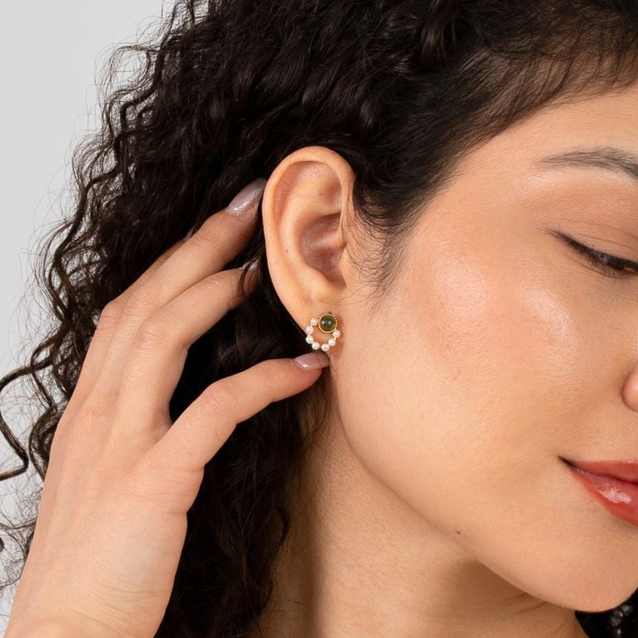 18k gold plated sterling silver pearl moss agate earrings