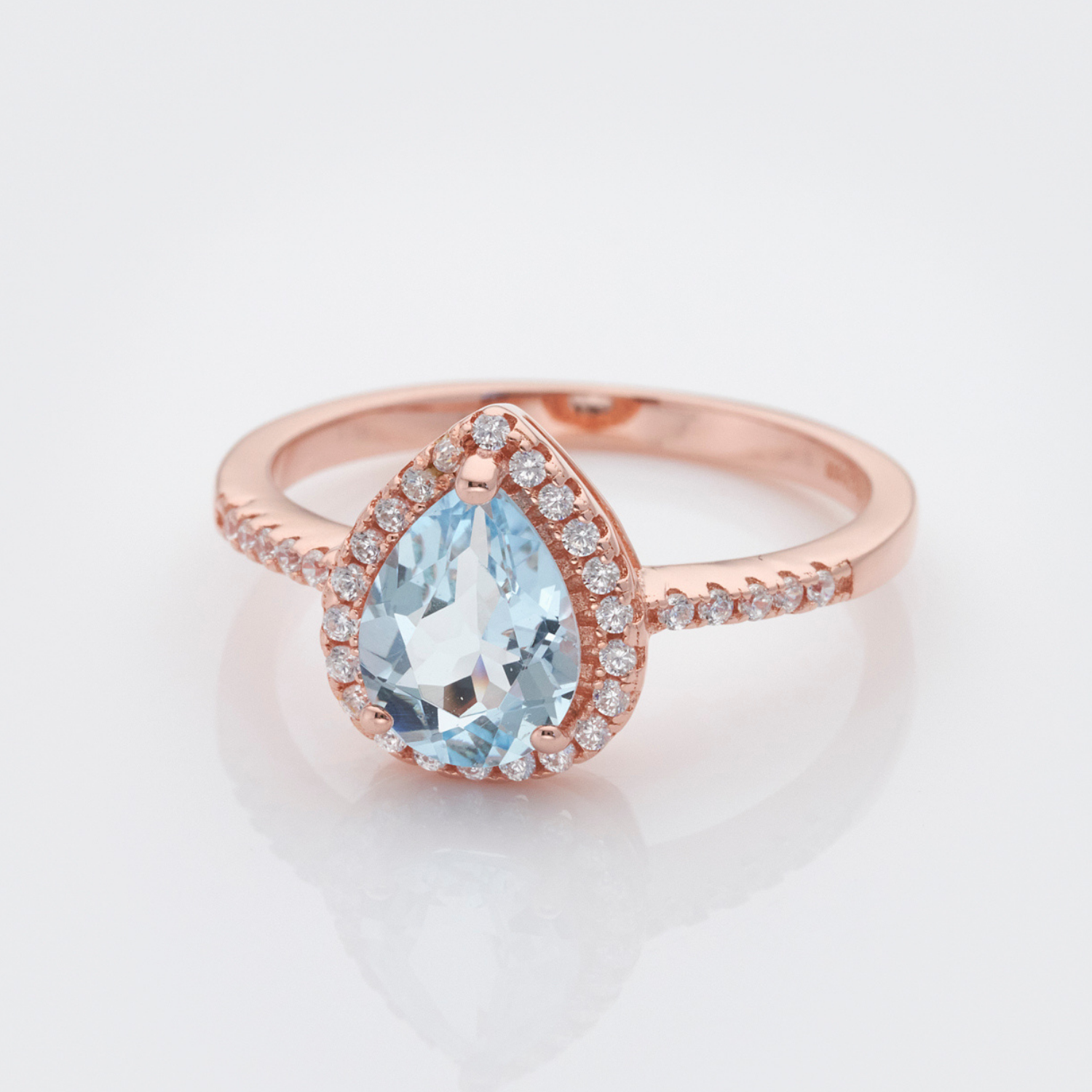 18k rose gold plated 925 sterling silver pear drop blue topaz ring