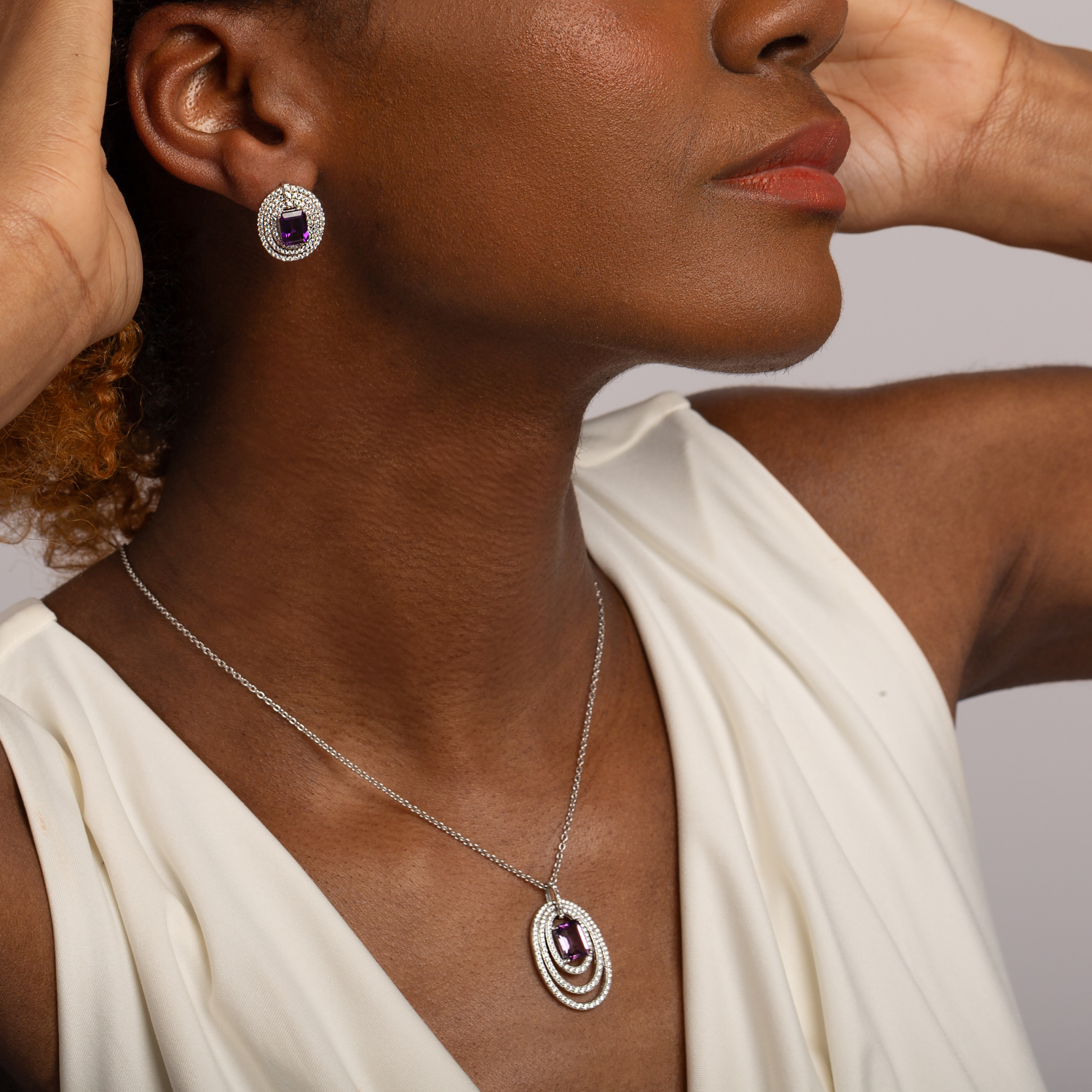 model wearing 925 sterling silver amethyst statement necklace