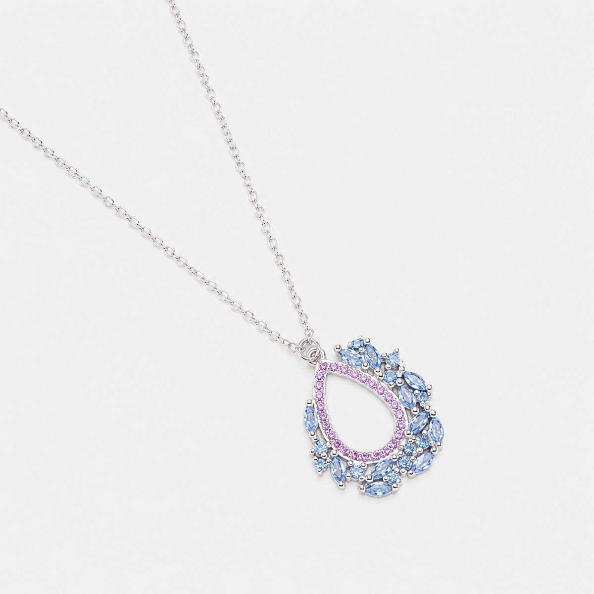 925 sterling silver blue and pink cubic zirconia necklace