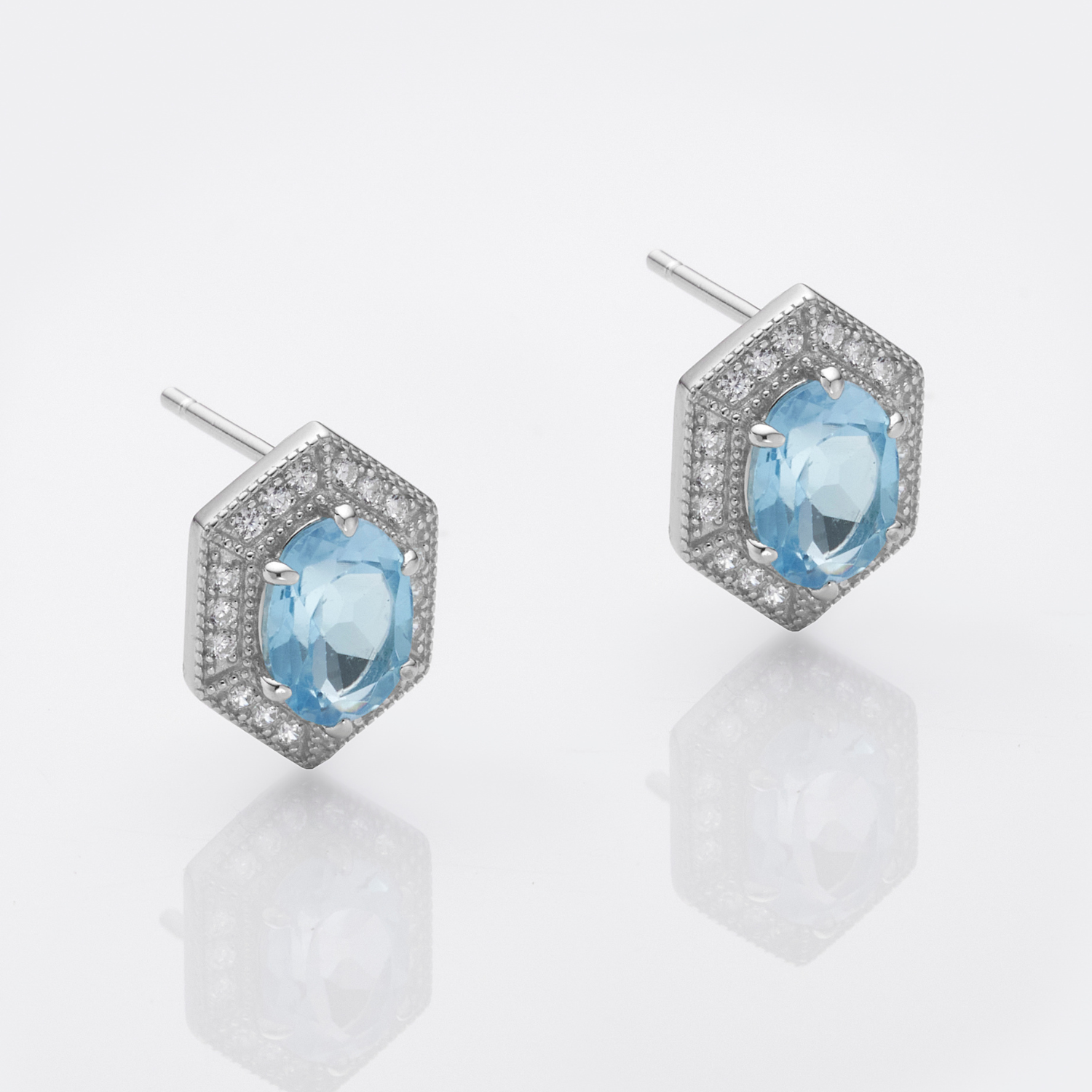 925 sterling silver blue topaz hexagon stud earrings