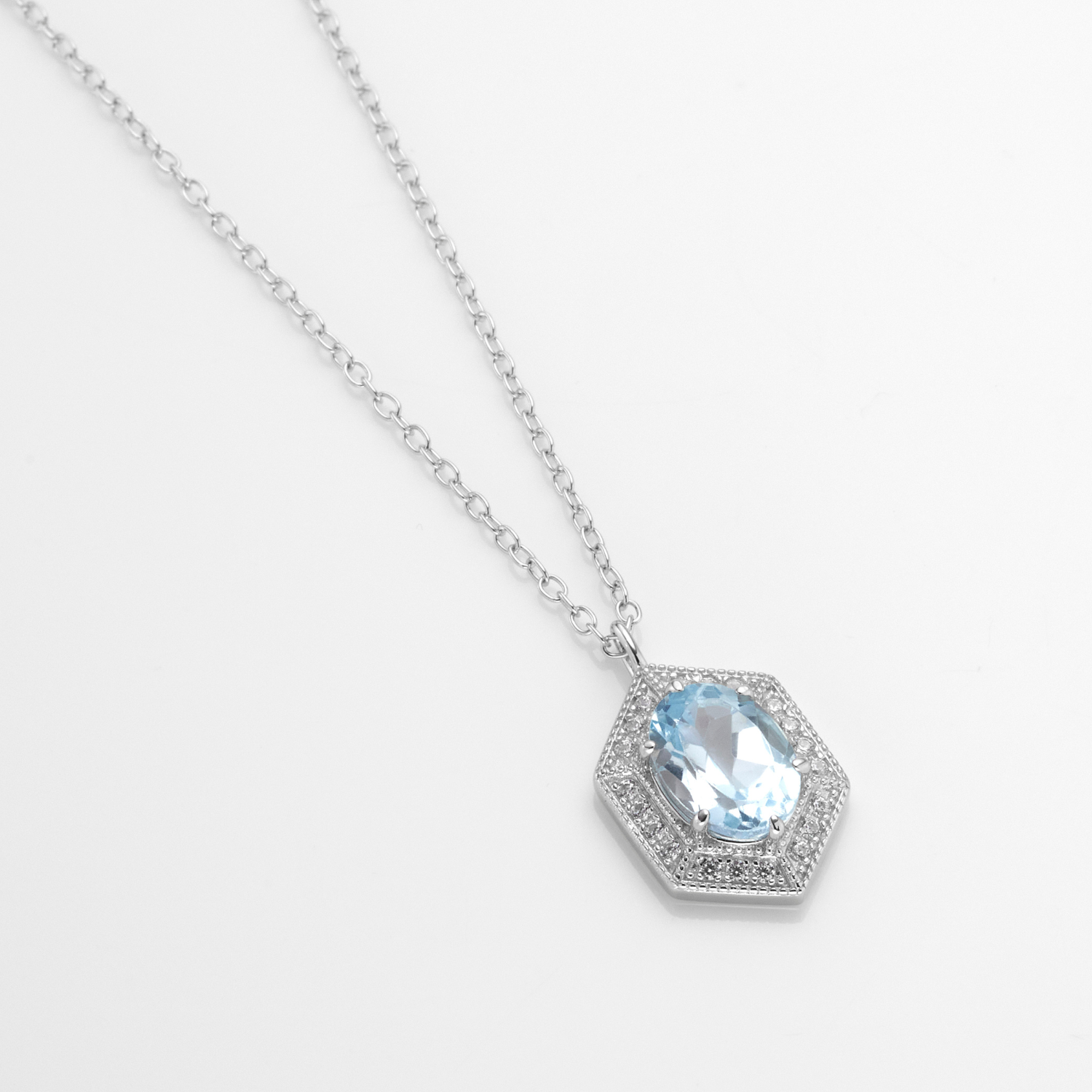 925 sterling silver blue topaz hexagon necklace