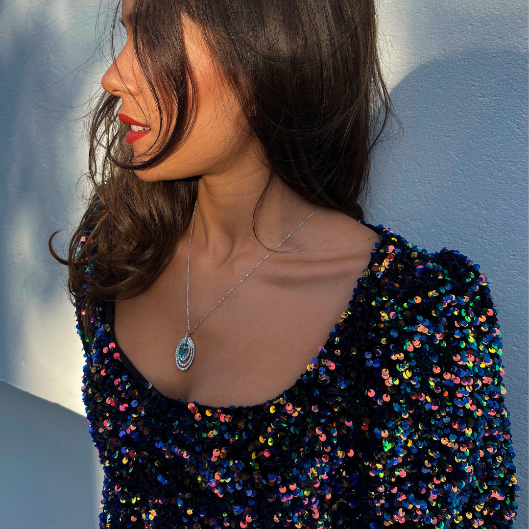 model wearing 925 sterling silver blue topaz statement necklace