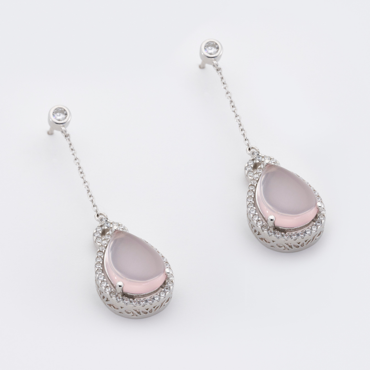 925 sterling silver rose quartz long drop earrings