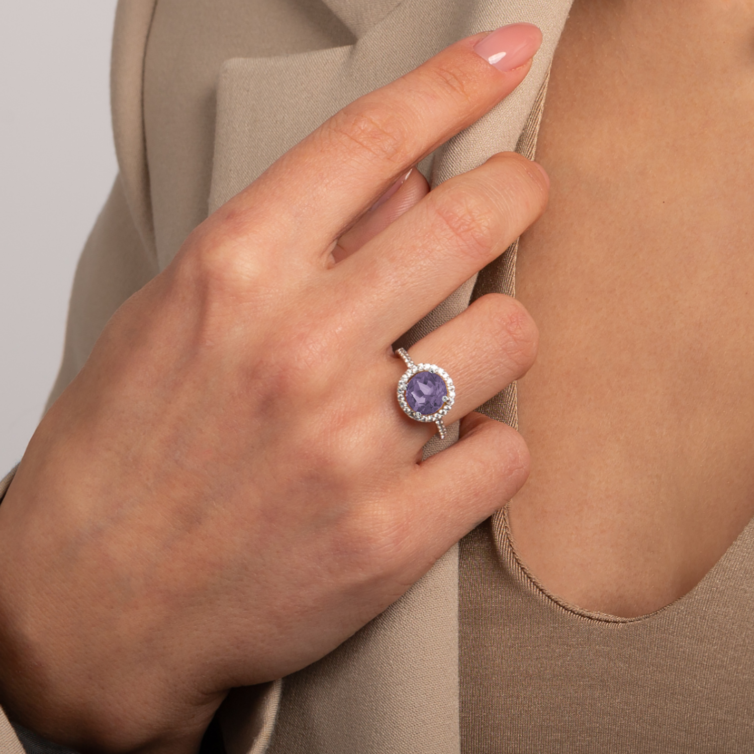 model wearing 925 sterling silver round amethyst ring