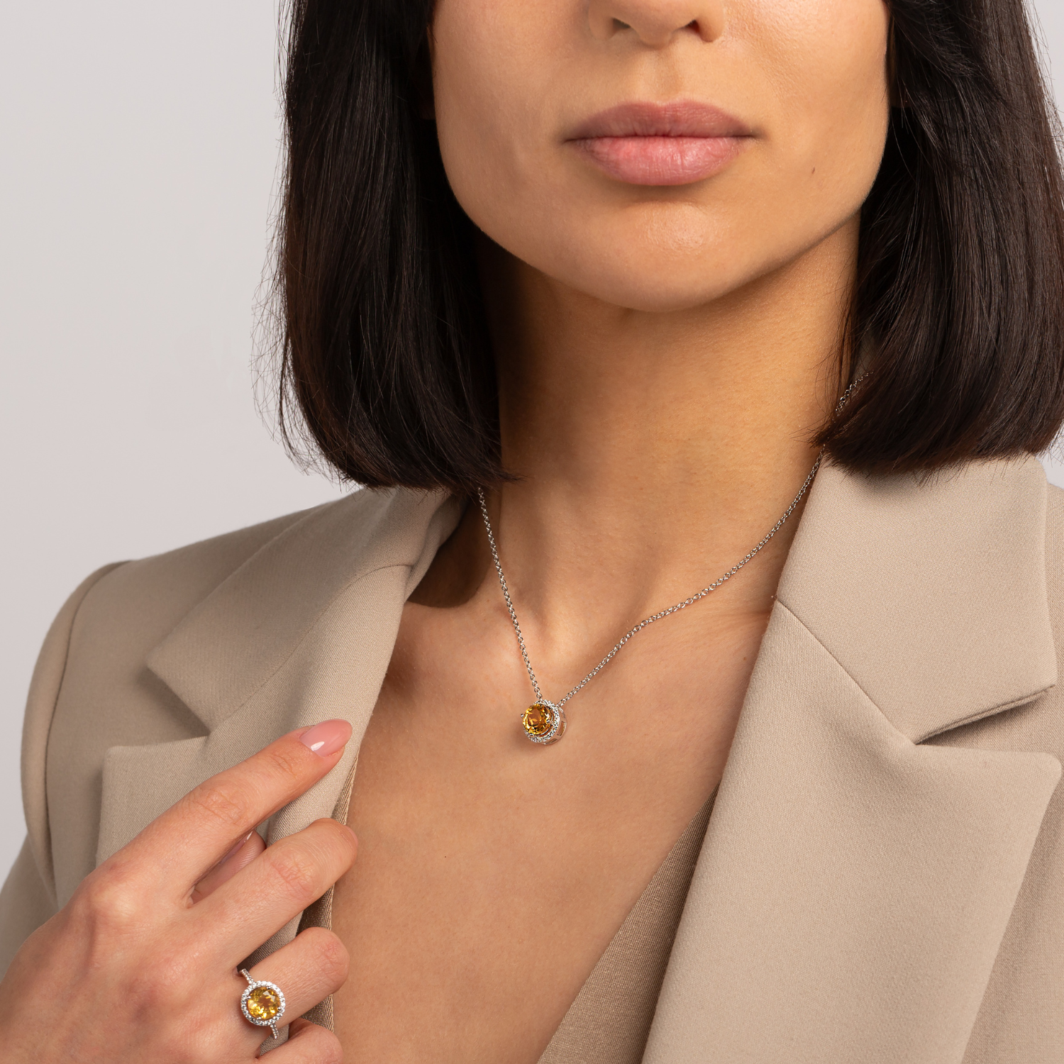 model wearing 925 sterling silver round citrine necklace