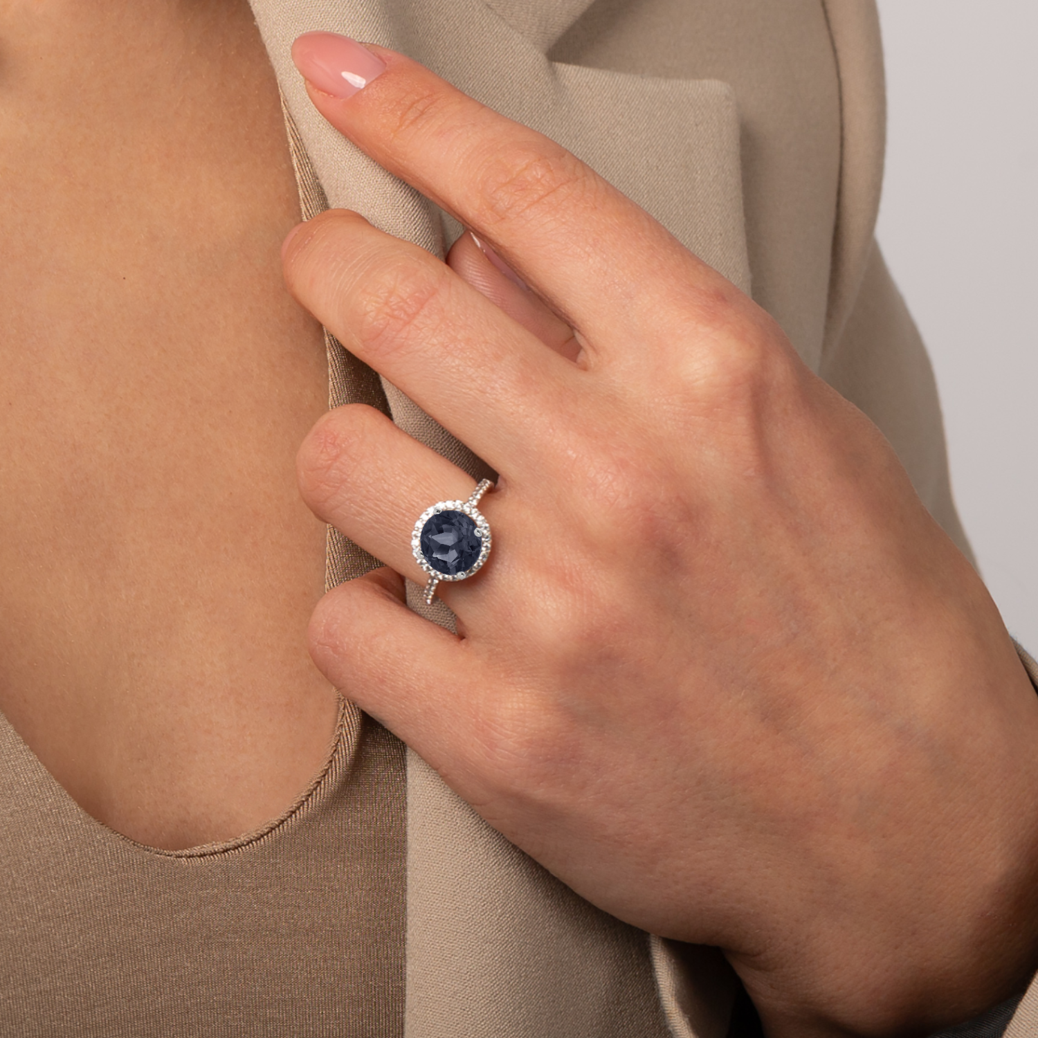 model wearing 925 sterling silver sapphire ring