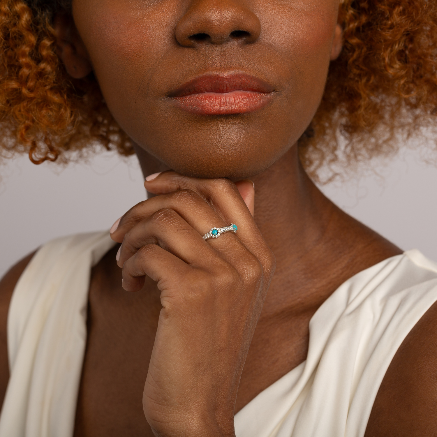 model wearing 925 sterling silver turquoise stacking stone ring