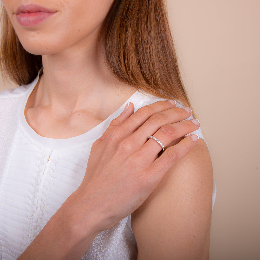 model wearing 925 sterling silver cubic zirconia stacking ring