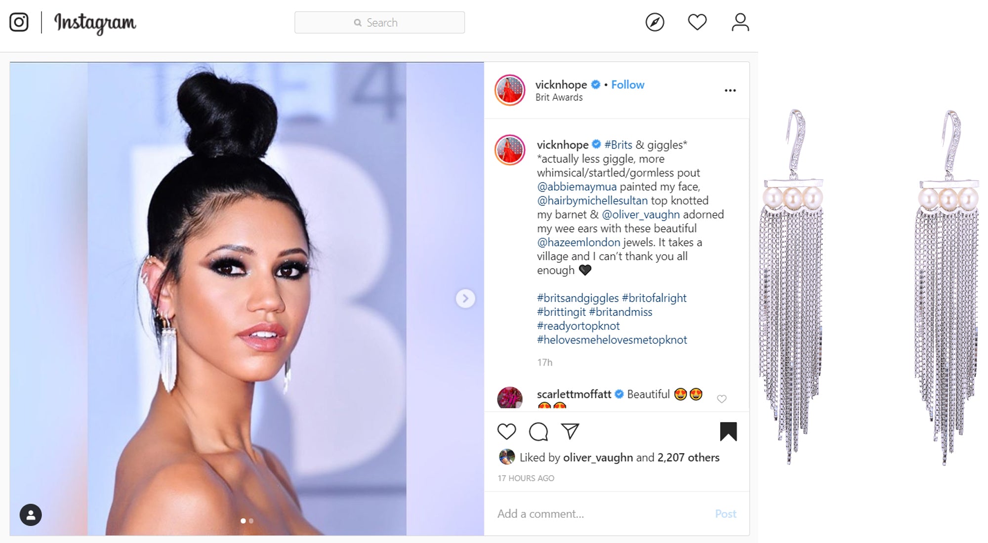 Vick Hope wears Blossom Hanging Earrings at Brit Awards