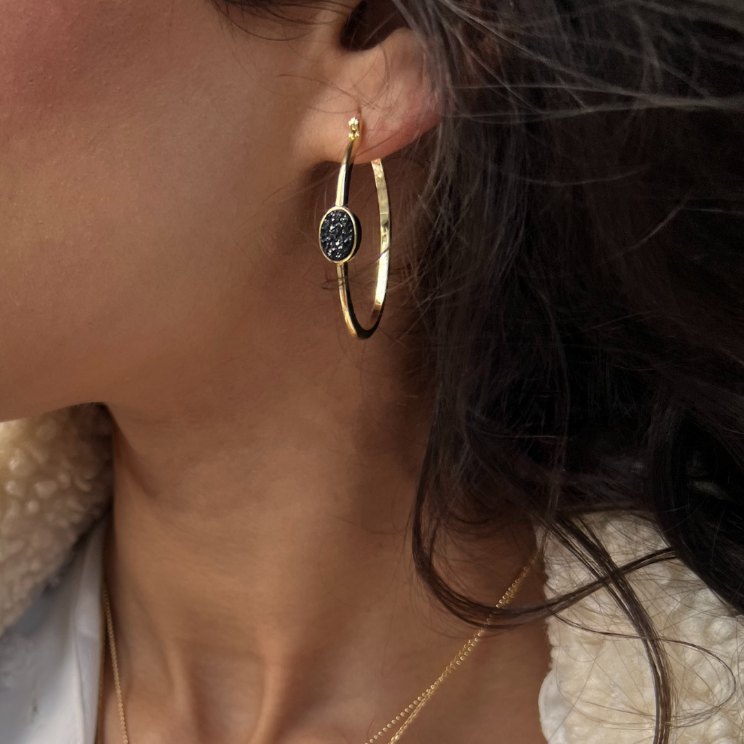 18k gold plated sterling silver Black Druzy hoop earrings