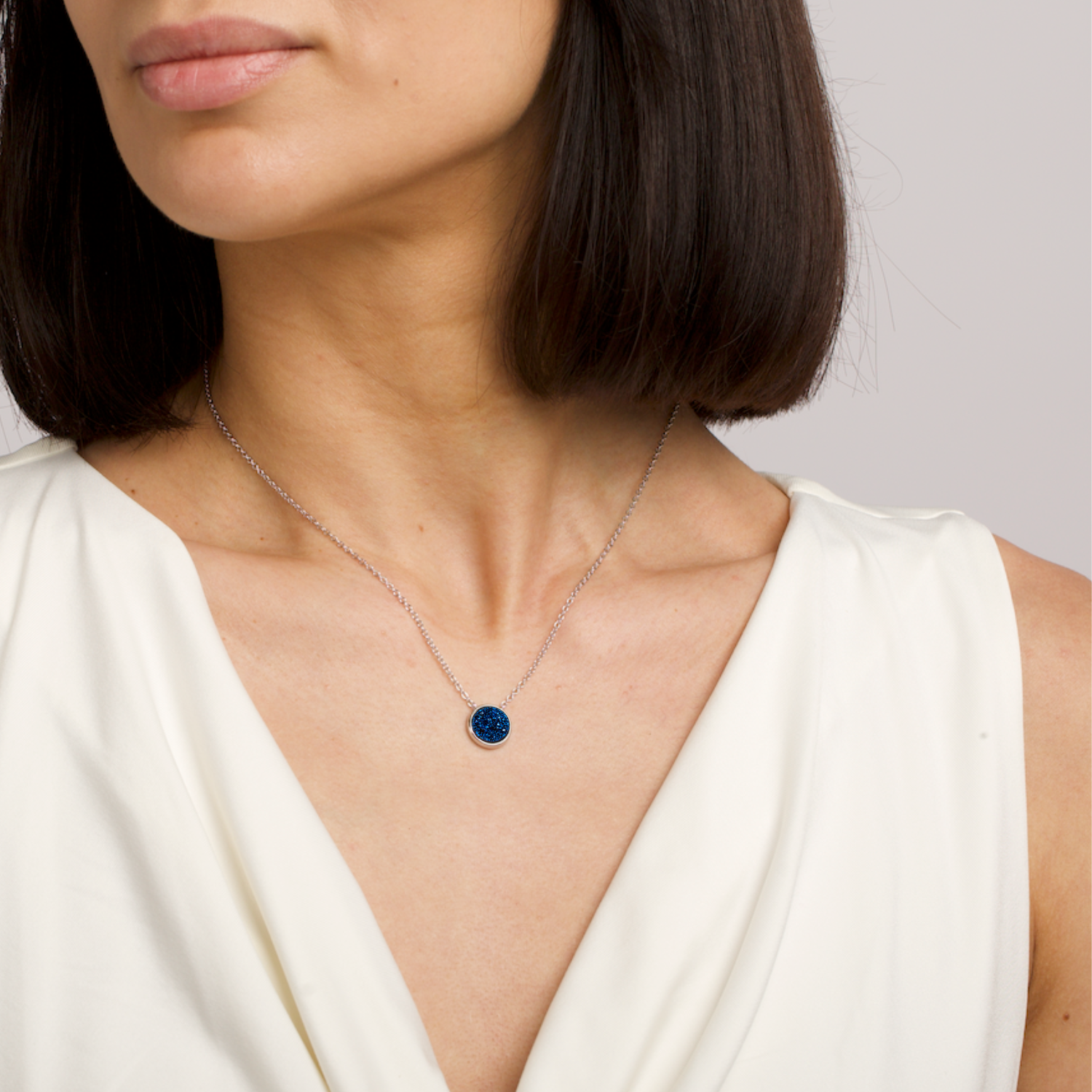 rhodium plated sterling silver Blue Druzy necklace