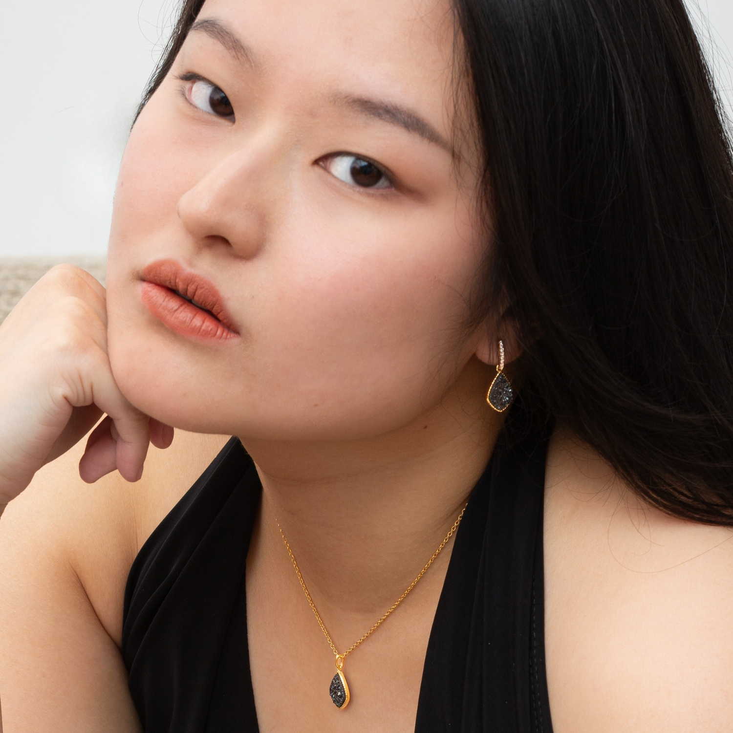 18k gold plated sterling silver Black Druzy crystal necklace