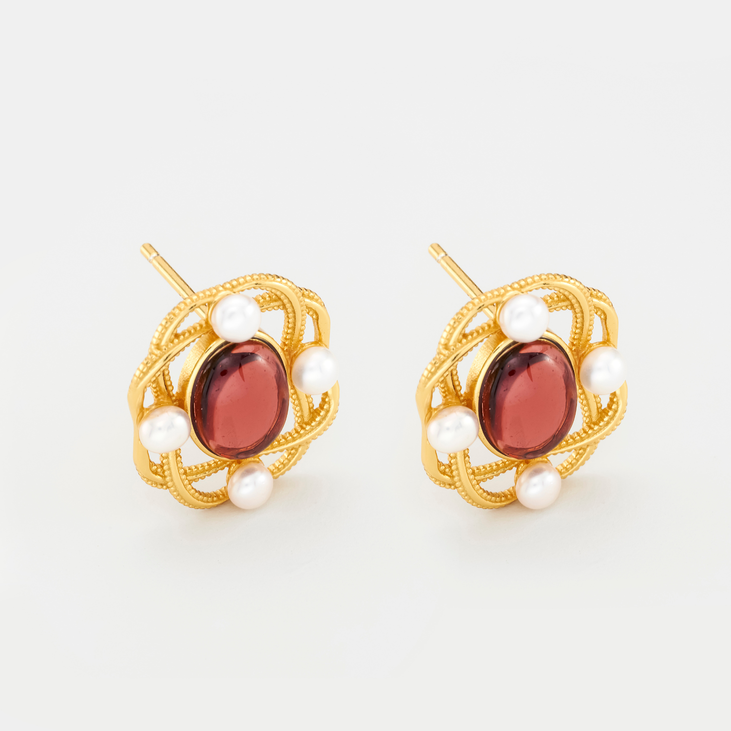 18k gold plating sterling silver garnet pearl oval earrings