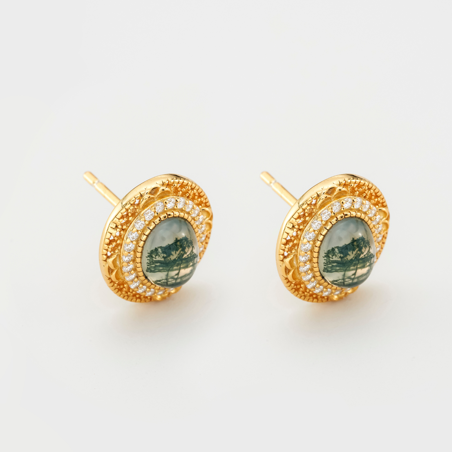 18k gold plated sterling silver moss agate oval earrings