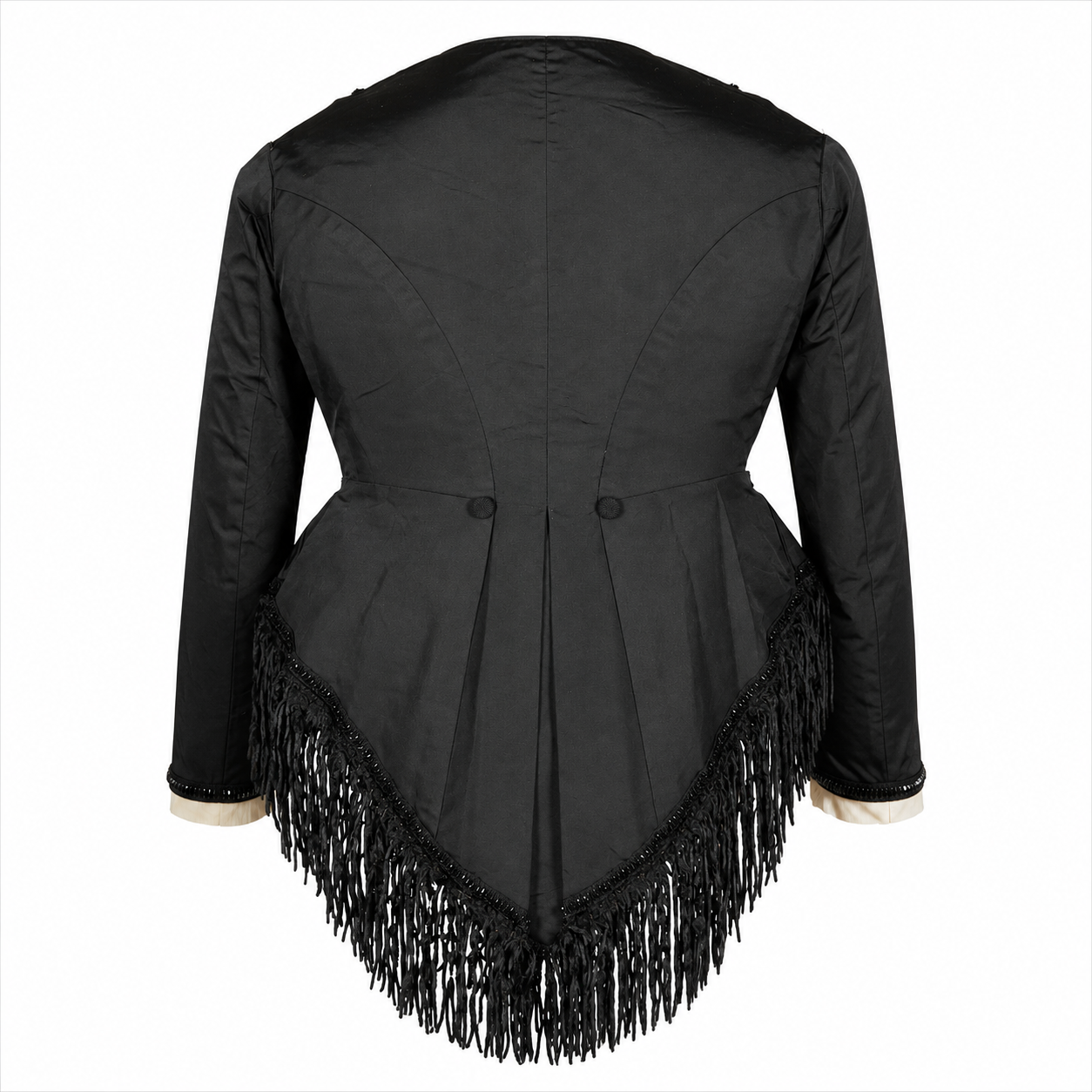 Queen Victoria mourning bodice. Black long-sleeve peplum jacket with a decorative fringe hem and buttoned back, shown on a plain white background.
