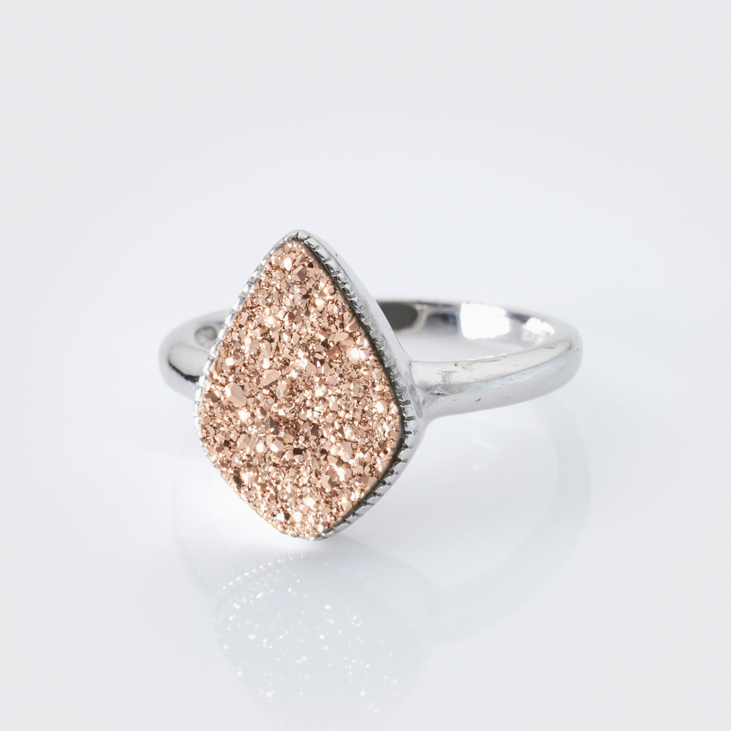 rhodium plated sterling silver Rose Druzy Ring