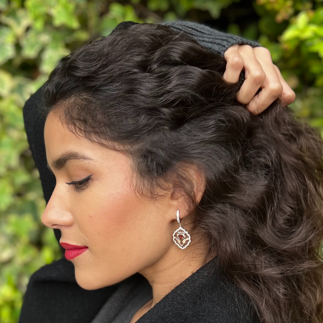 Model wearing 925 sterling silver garnet Iznik earrings