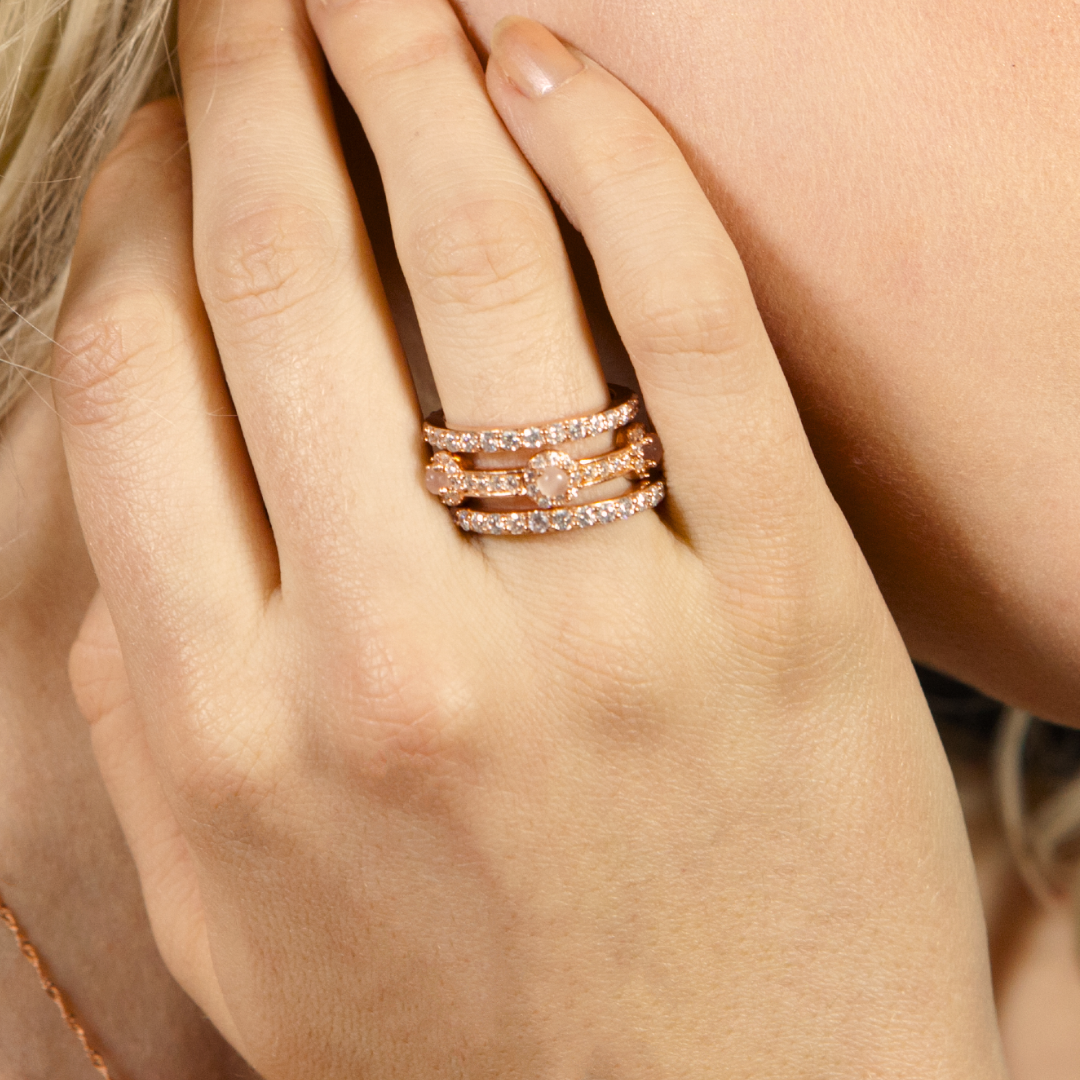 pear drop rose gold rose quartz stacking ring