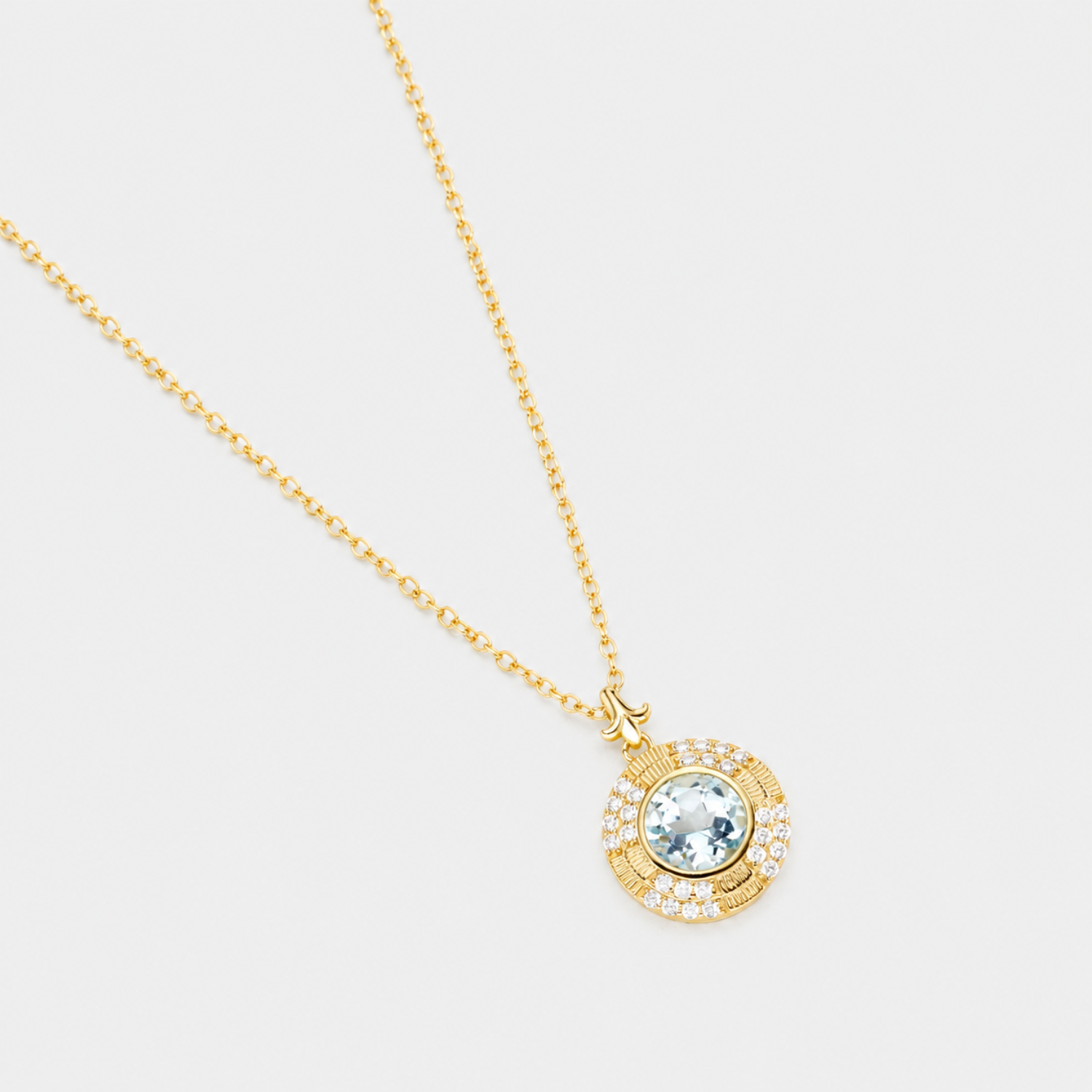 18k gold plated sterling silver blue topaz clock necklace