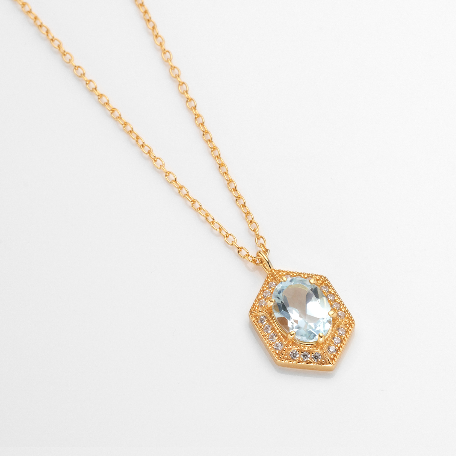 18k gold plated 925 sterling silver blue topaz hexagon necklace