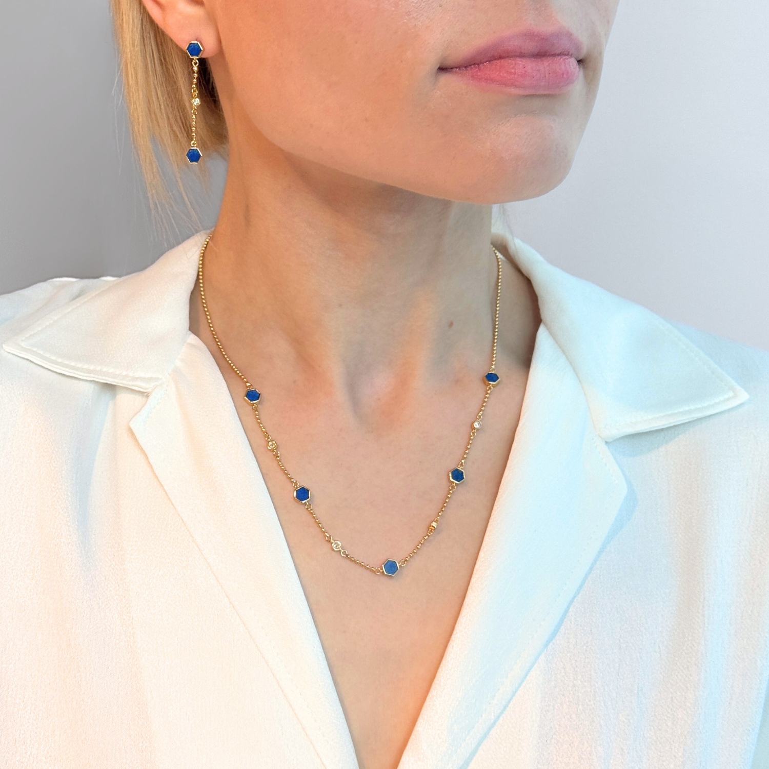 model wearing 18k gold 925 sterling silver lapis lazuli chain necklace