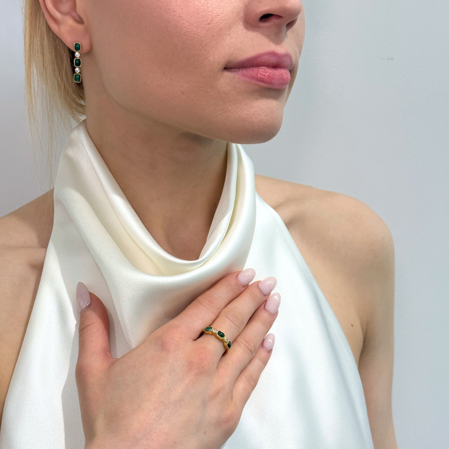 model wearing 18k gold 925 sterling silver malachite ring