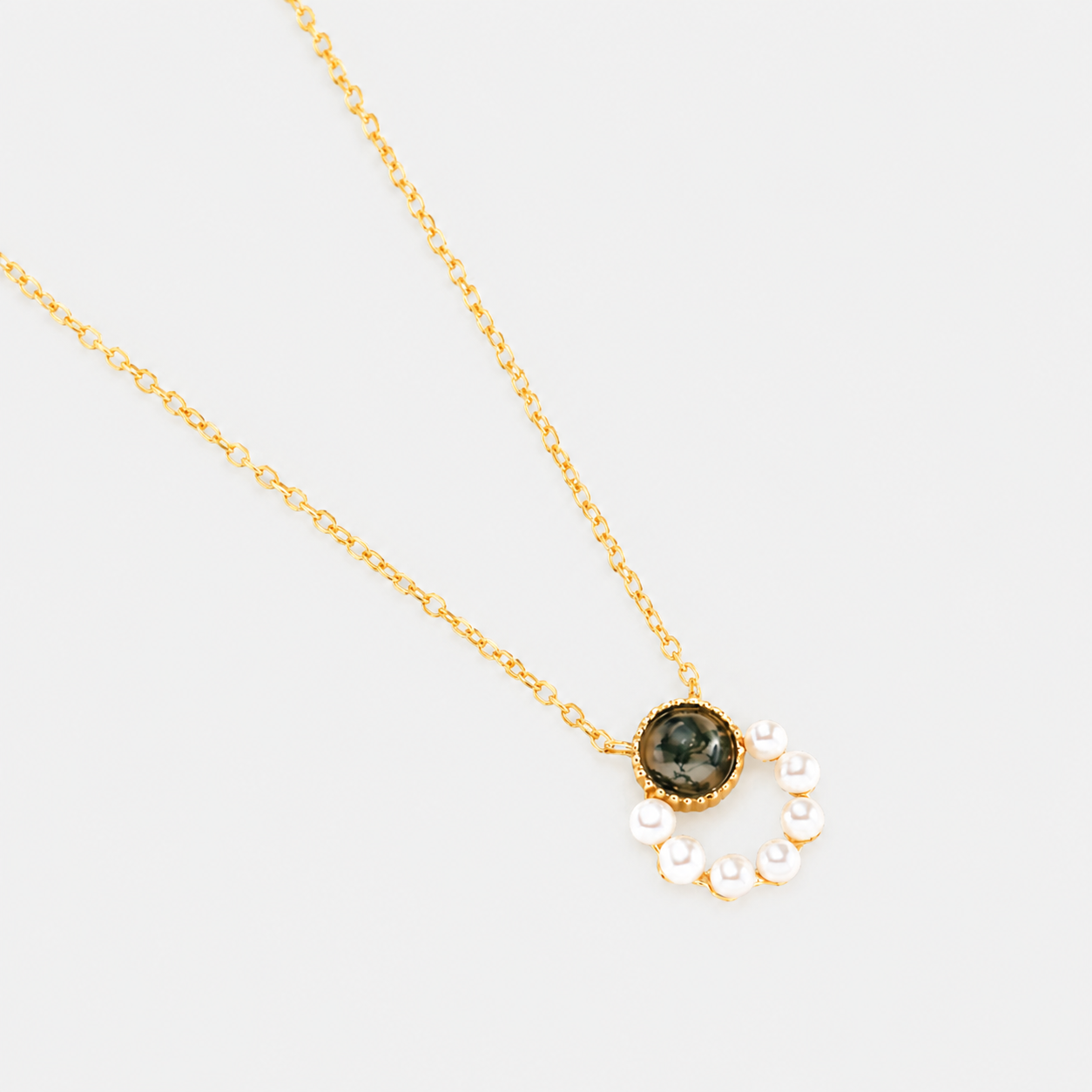 18k gold plated sterling silver pearl moss agate necklace
