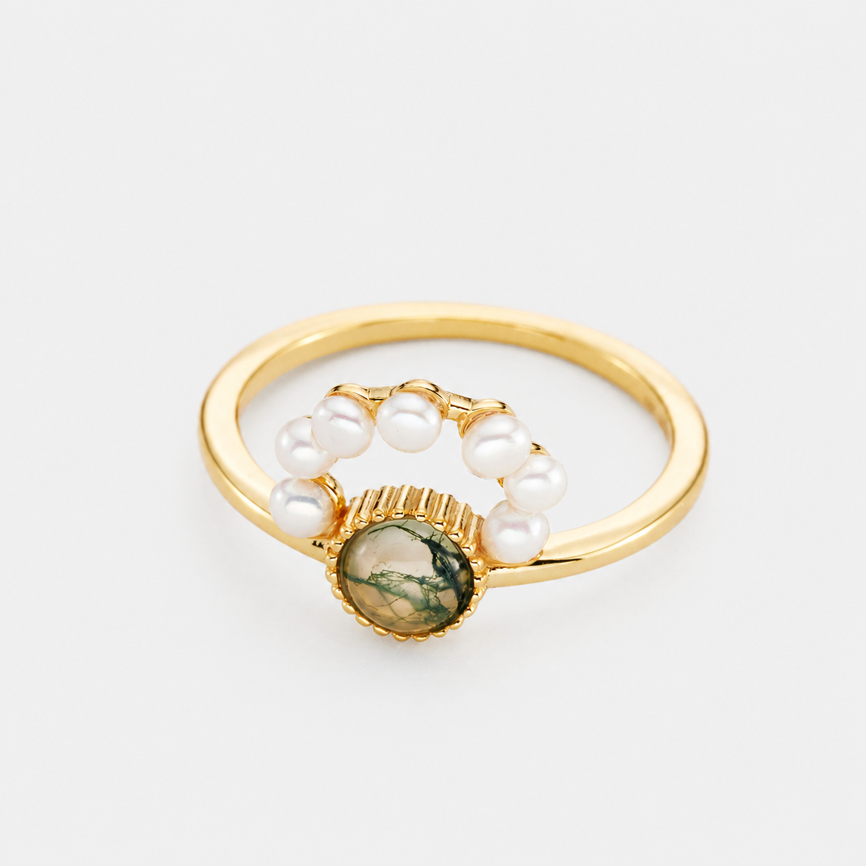 18k gold plated sterling silver pearl moss agate ring